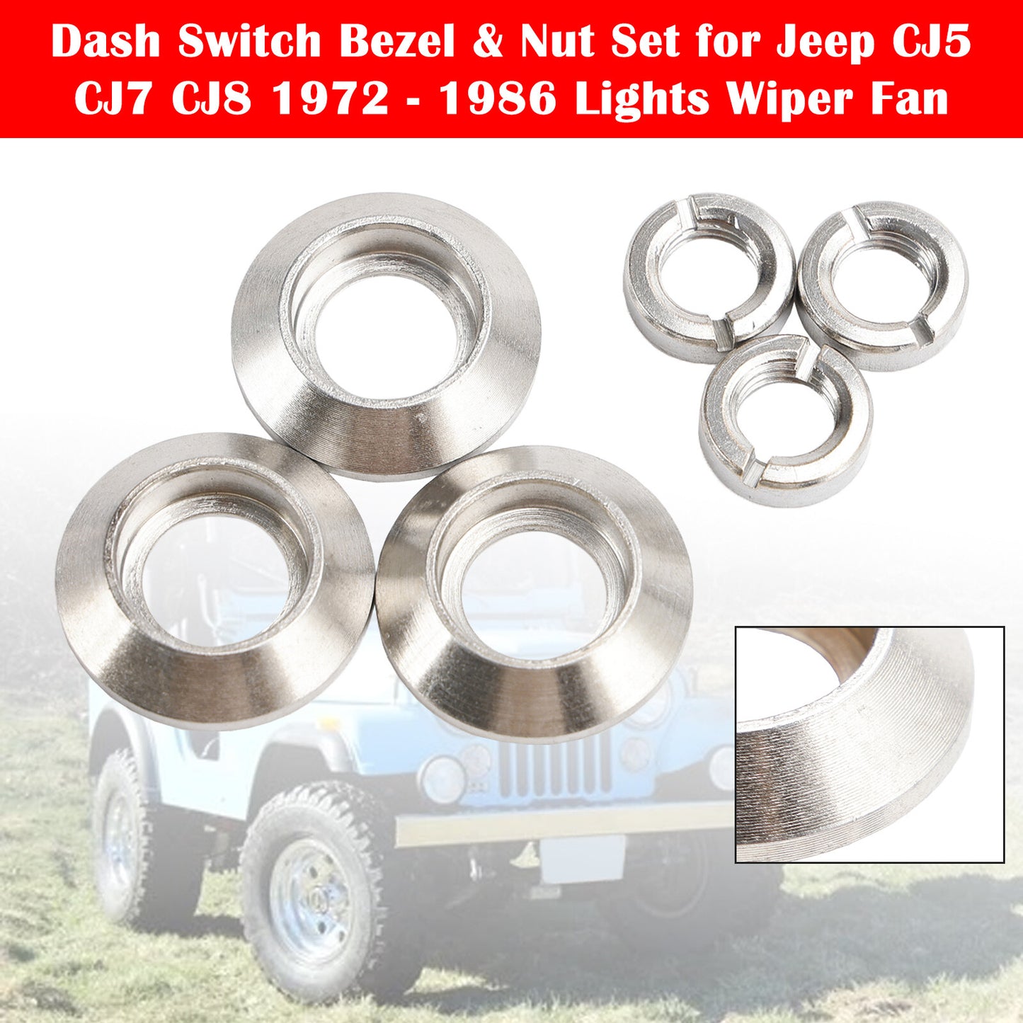 ya 1 8.5.1 Dash Switch Bezel & Nut Set for Jeep CJ5 CJ7 CJ8 1972 - 1986 Lights Wiper Fan