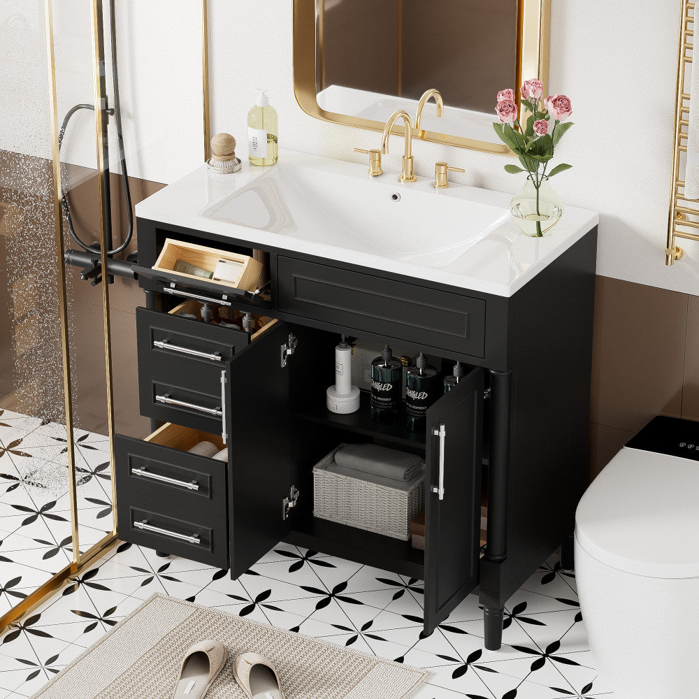 ya 28 36'' Bathroom Vanity Black,Top Resin Sink,Freestanding,2 Drawers+Tip-out Drawer