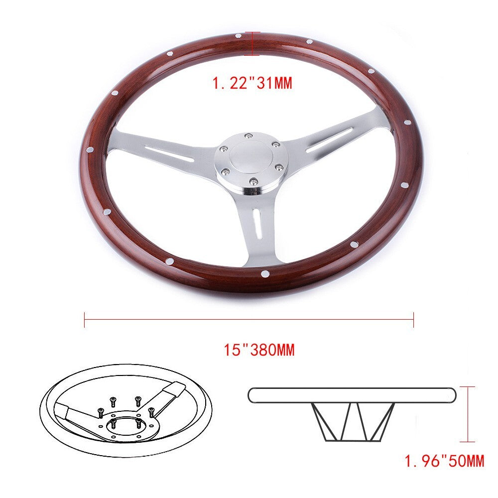 ya 1 7.4 15inch Real Wood 6-Hole 3 Spoke Chrome Marine Boat Steering Wheel with Rivet