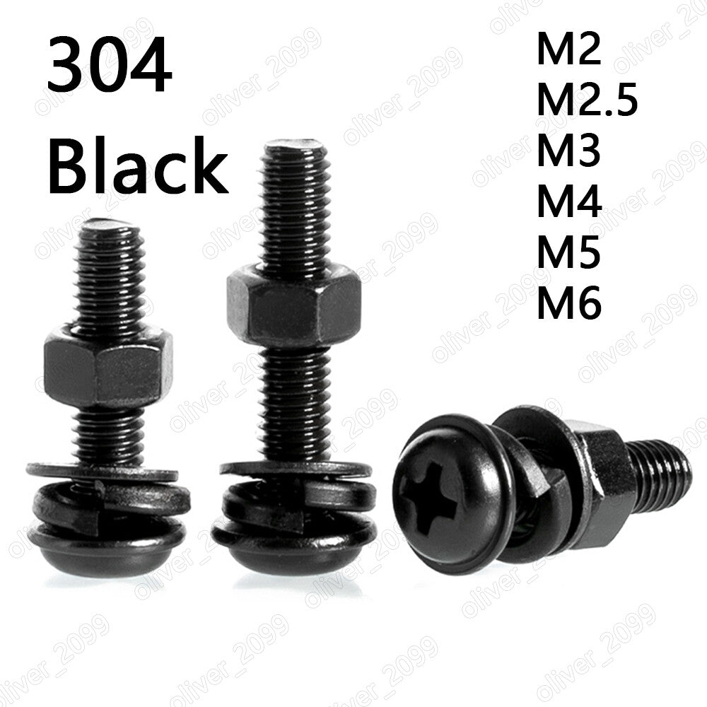 Black 304SS Phillips Pan Head Screws With Collar Hex Nuts Flat Spring Washers M2