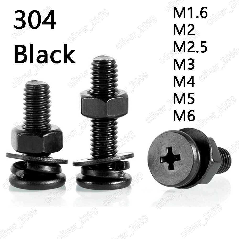 Black 304SS Phillips Utrathin Flat Head Screws Hex Nut Flat Spring Washers M2-M6