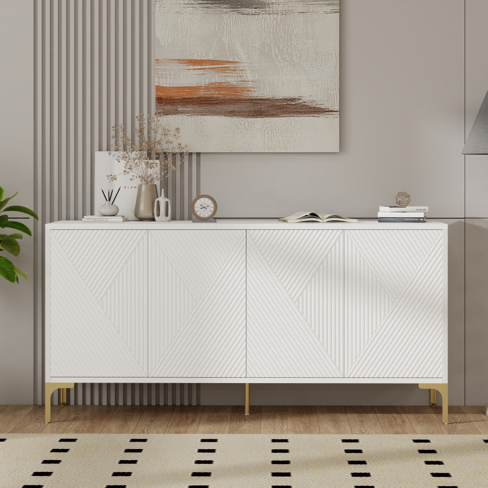 ya 28 Buffet Cabinet - 4 Carved Door Panels, Adjustable Shelves for Living Room White