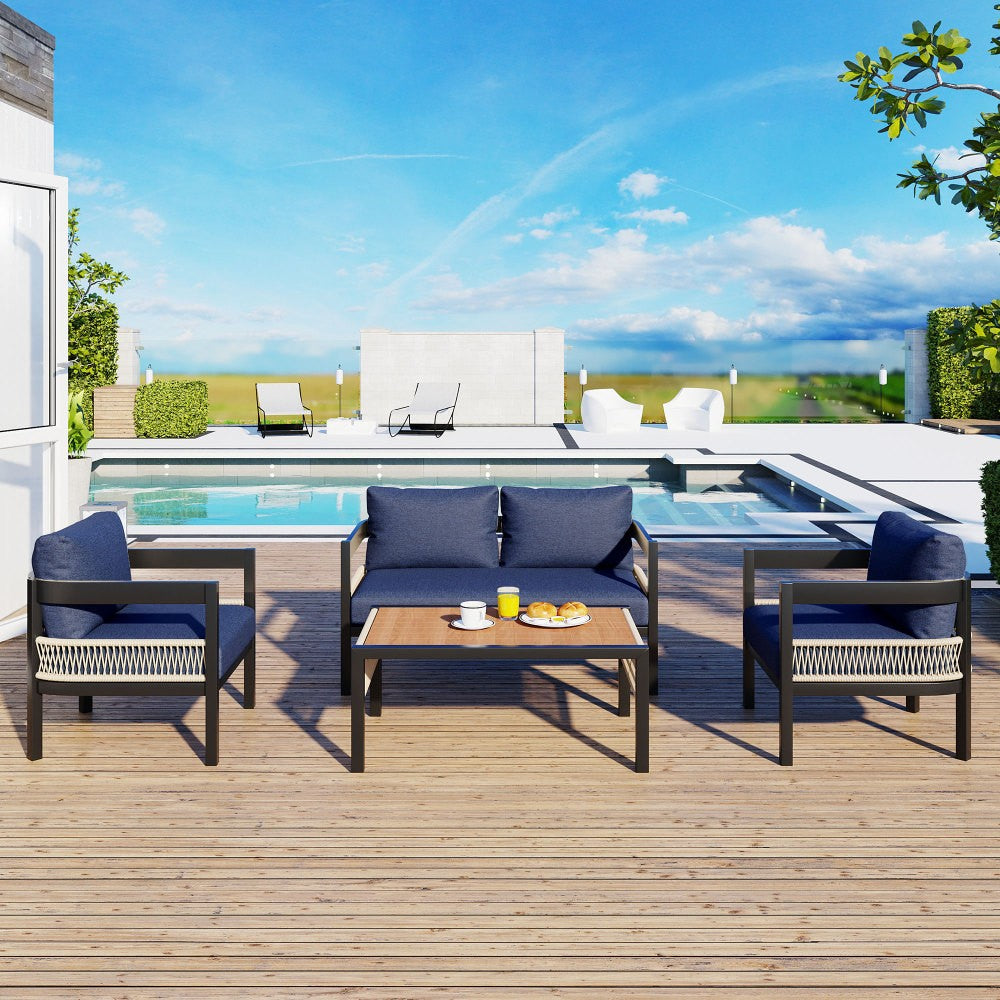 ya 28 U-Style Blue Multi-person Outdoor Iron Sofa Set - With Table, Rattan Decor