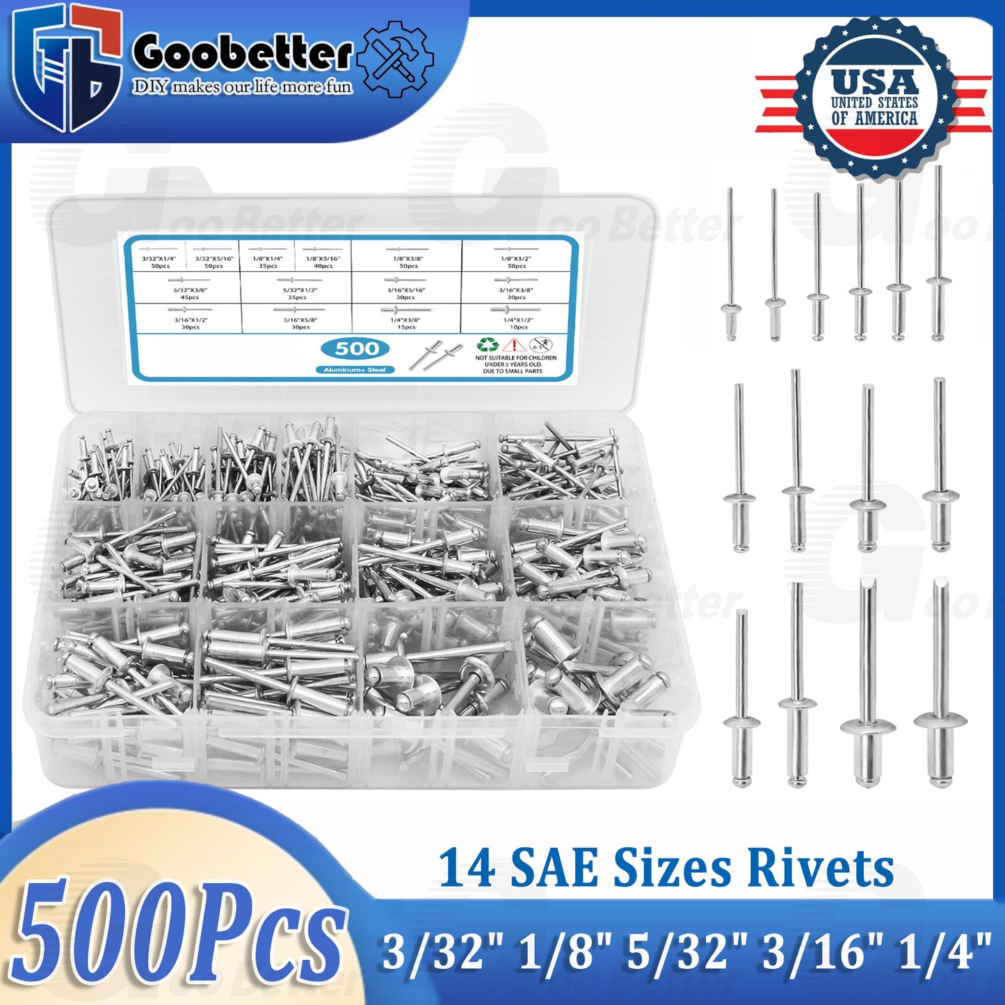 500x Pop Rivets Assortment Kit Aluminum Blind Rivets 3/32 1/8 5/32 3/16 1/4