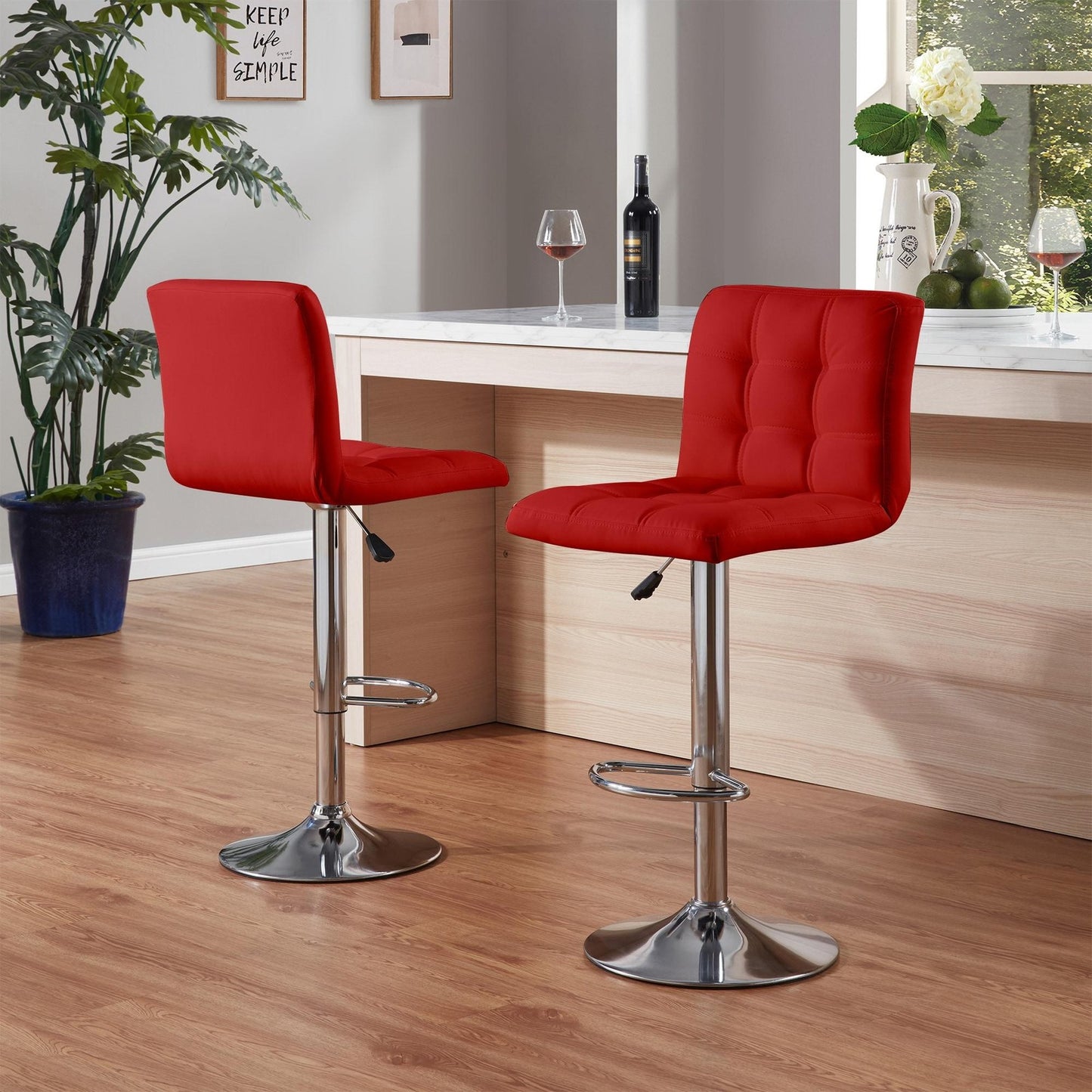 ya 28 2 Pcs Counter Red Height Bar Stools W/Square Cushion Back & Footrest