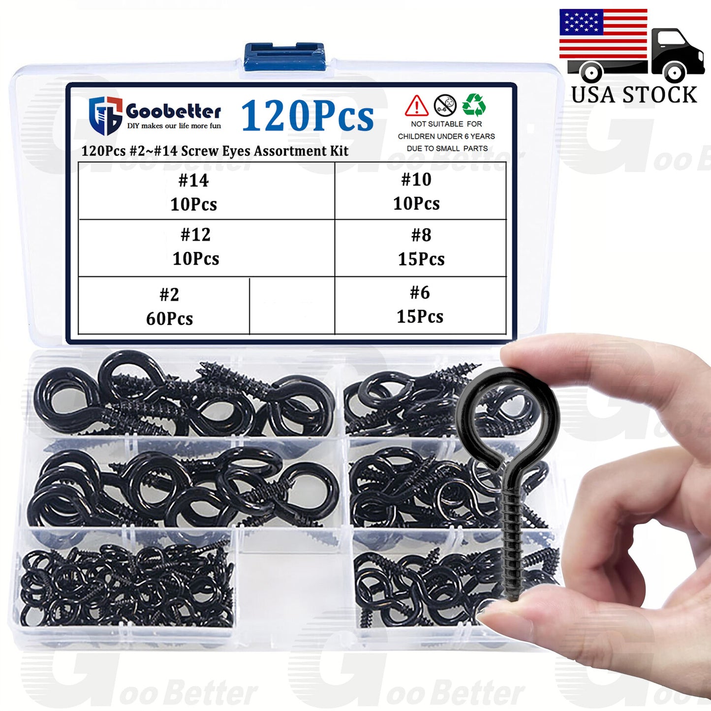 Black Metal Eye Screws, Heavy Duty Screw Eye Hooks Eye Pins Hooks Ring All Size