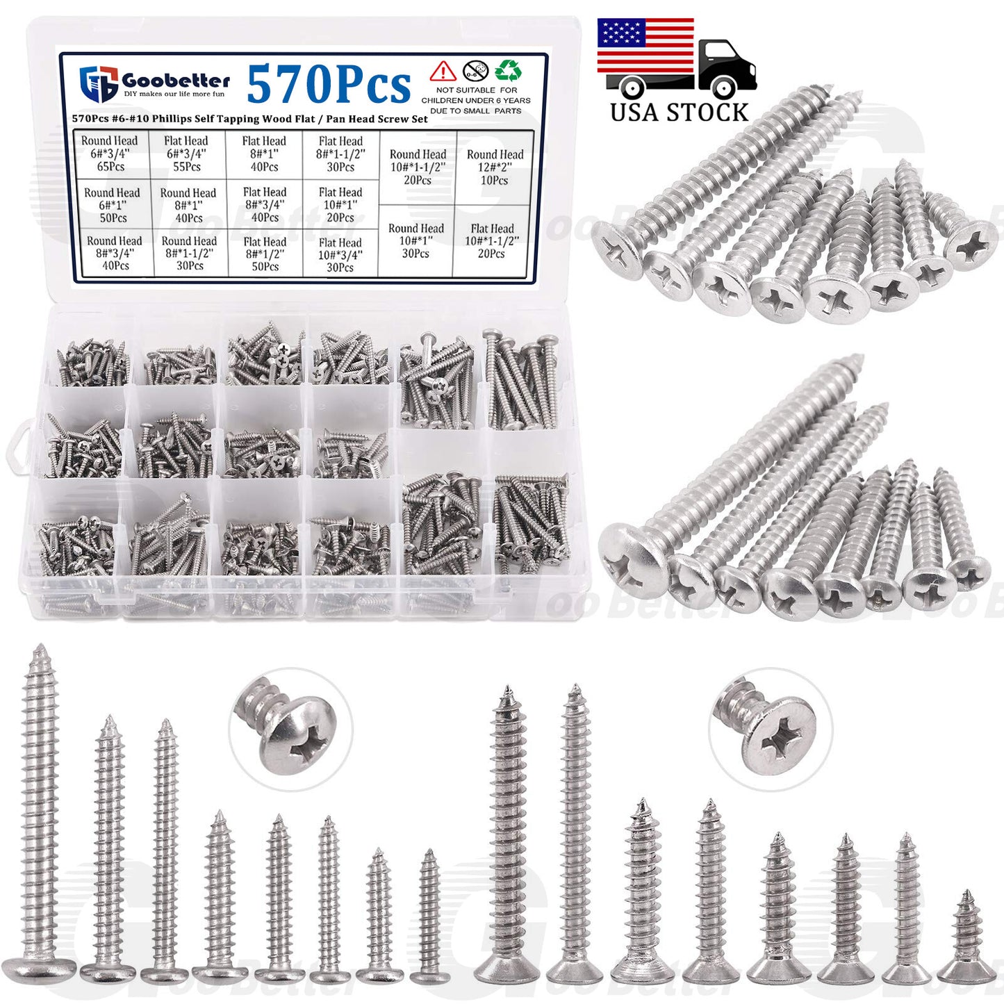 #6 #8 #10 #12 Phillips Self Tapping Screw Set Flat/Pan Head Stainless Screws kit