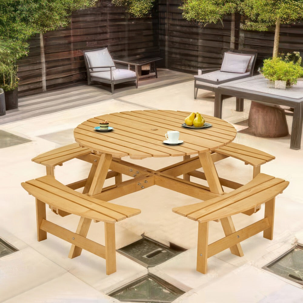 ya 28 Outdoor Round Picnic Table 4 Built-in Benches & Umbrella Hole 8-Person