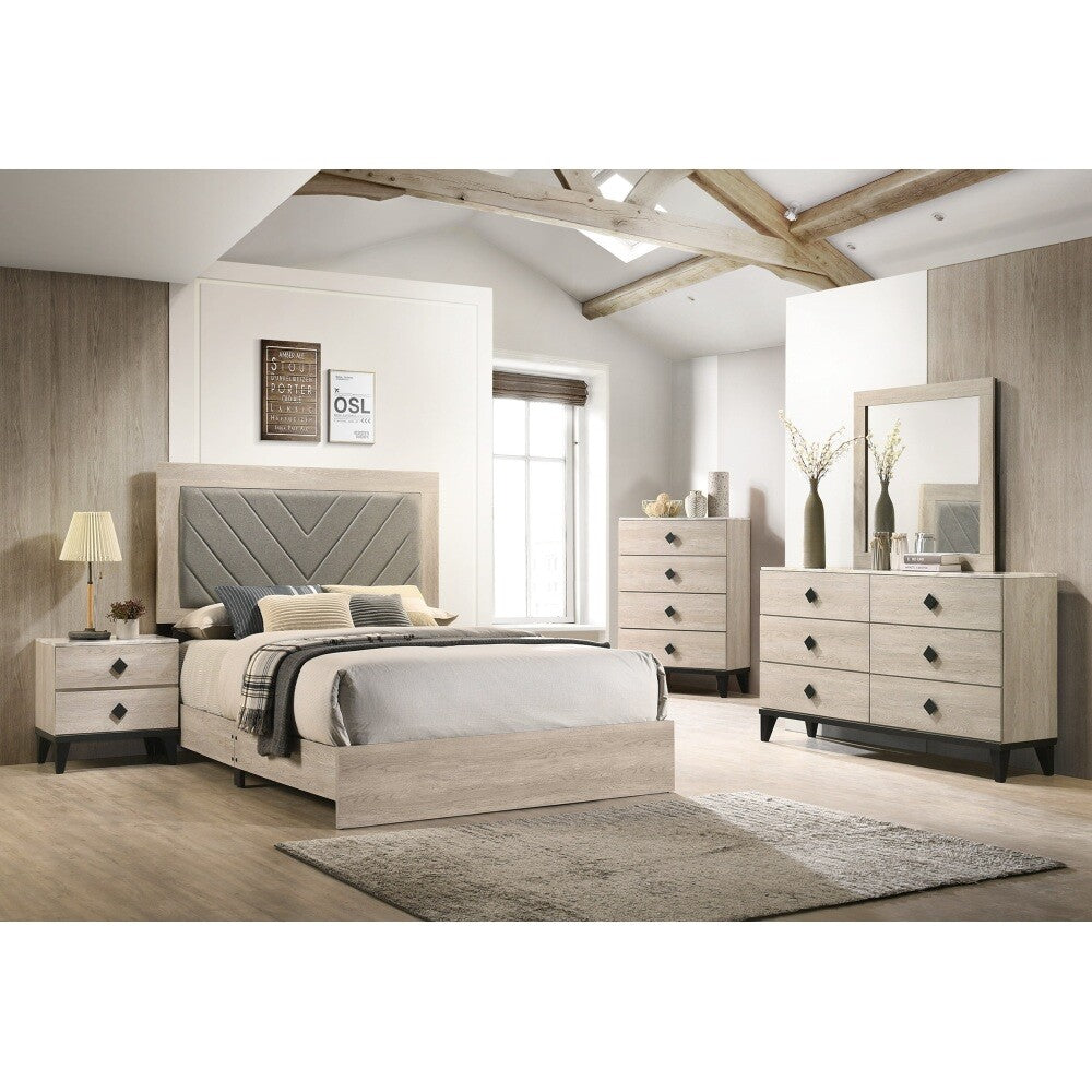ya 28 California King Bed, Gray V-Design Headboard, Cream Finish, Rubberwood Bedframe