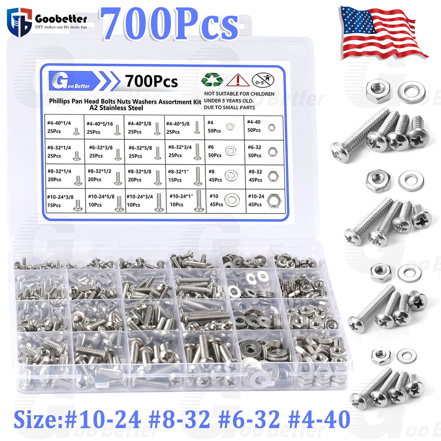 700Pcs Phillips Pan Screws Hex Nut Washer Bolts Kit Stainless Steel #4 #6 #8 #10