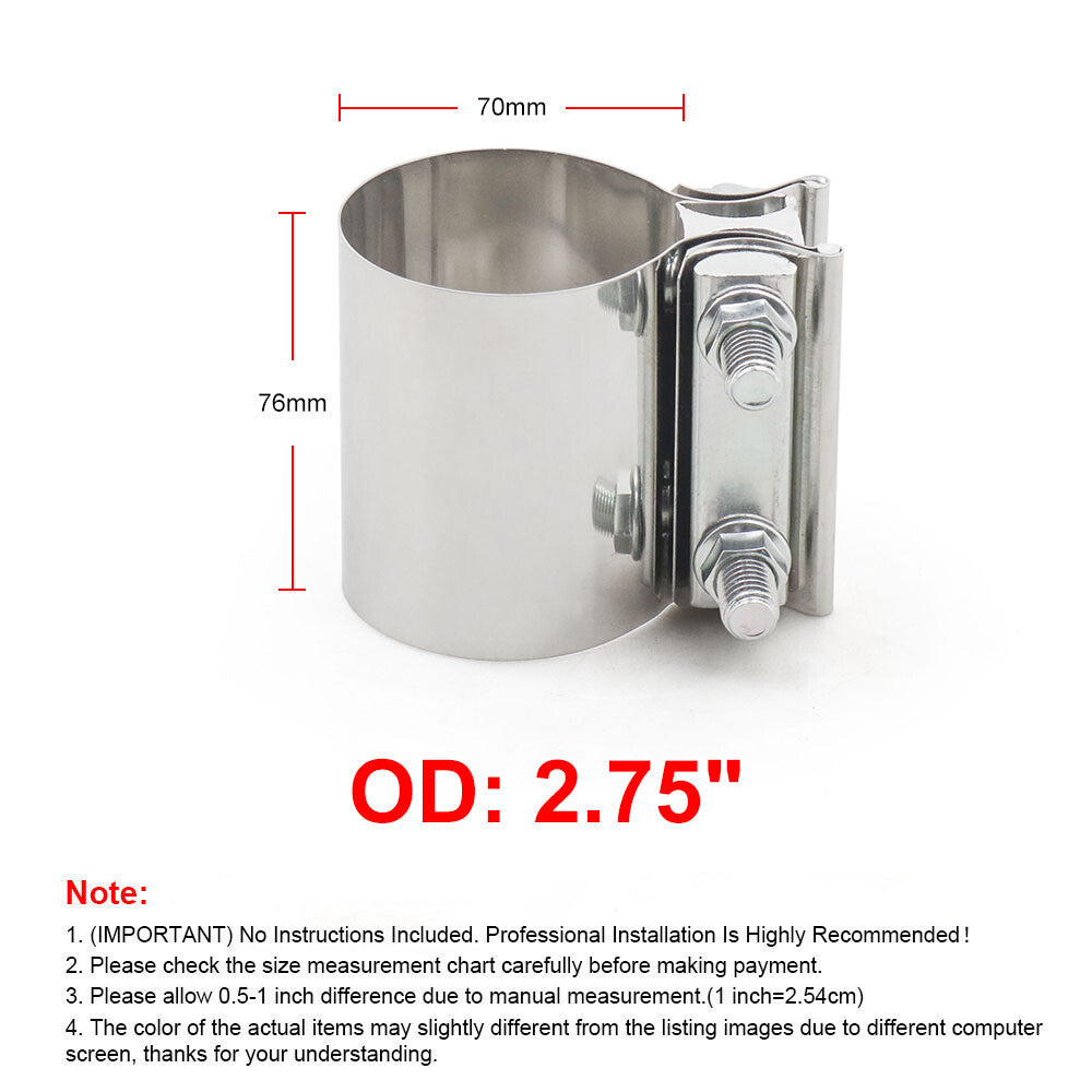 ya 1 6.30 2Pcs 2.75 T304 Stainless Steel Butt Joint Band Muffler Pipe Clamp Sleeve