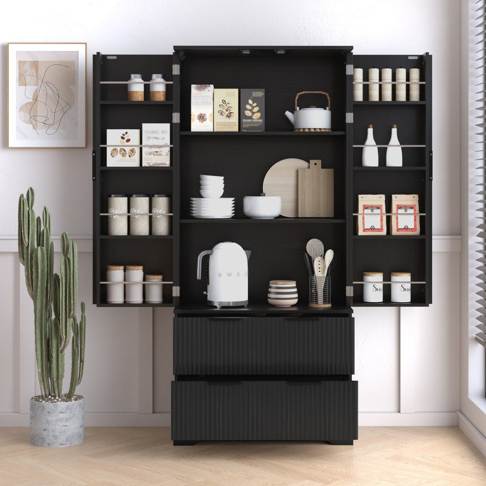 ya 28 Black 72 Fluted Kitchen Pantry Modern - 2 Large Drawers, 8-Door Spice Rack