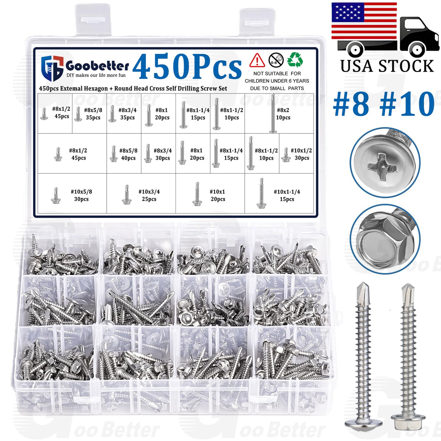 450pcs #8 #10 Self Tapping Screws for Metal, Sheet Metal Screws A2 Stainle Steel