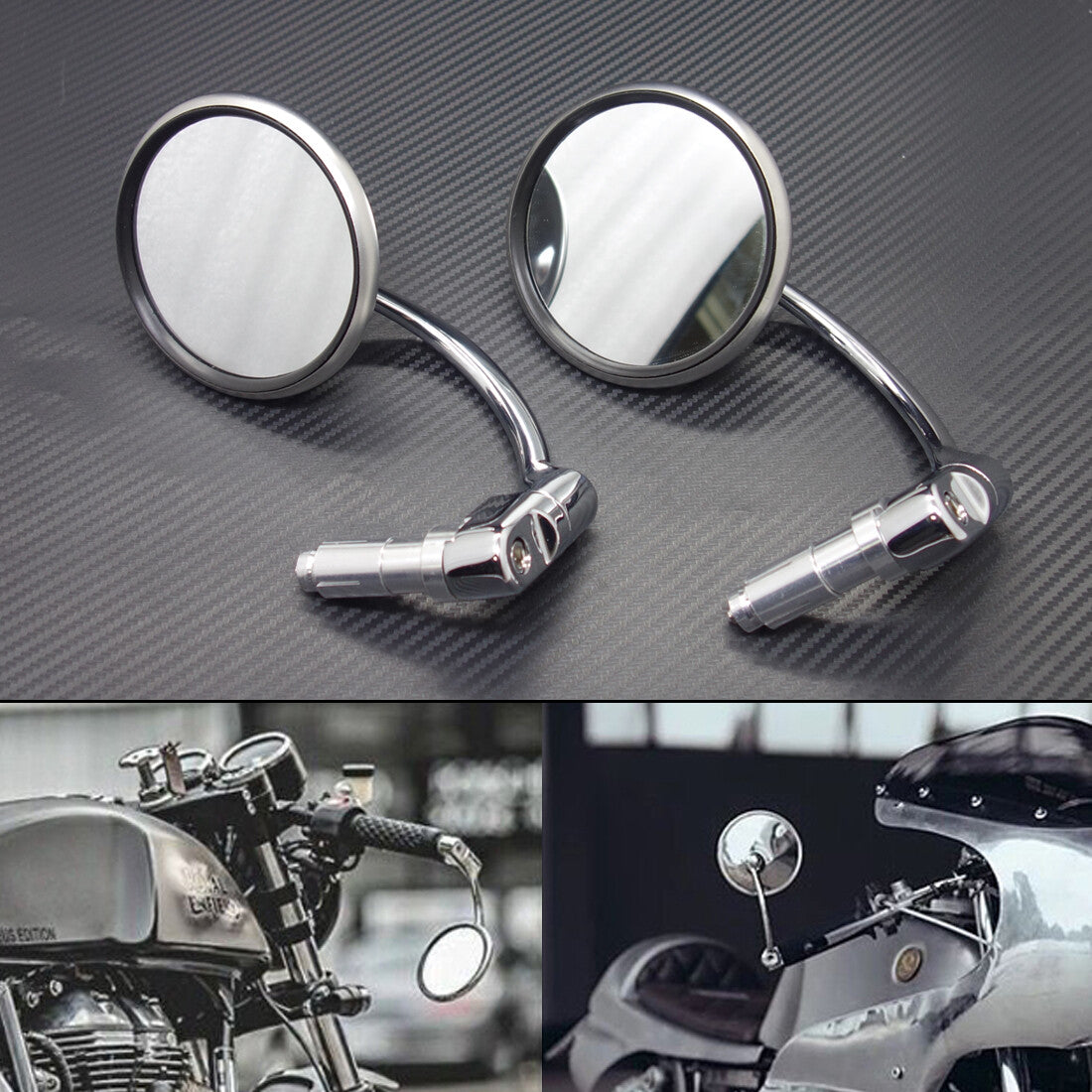ya 4 6.21 Silver Retro Metal 7/8 Handle Bar End Side Round Rearview Mirror For Cafe Racer