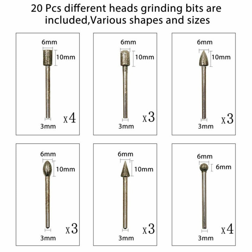 ya 17 Burr Drill Bits Engraving Glass Grinding Polishing Rotary tools 20pcs Ceramics