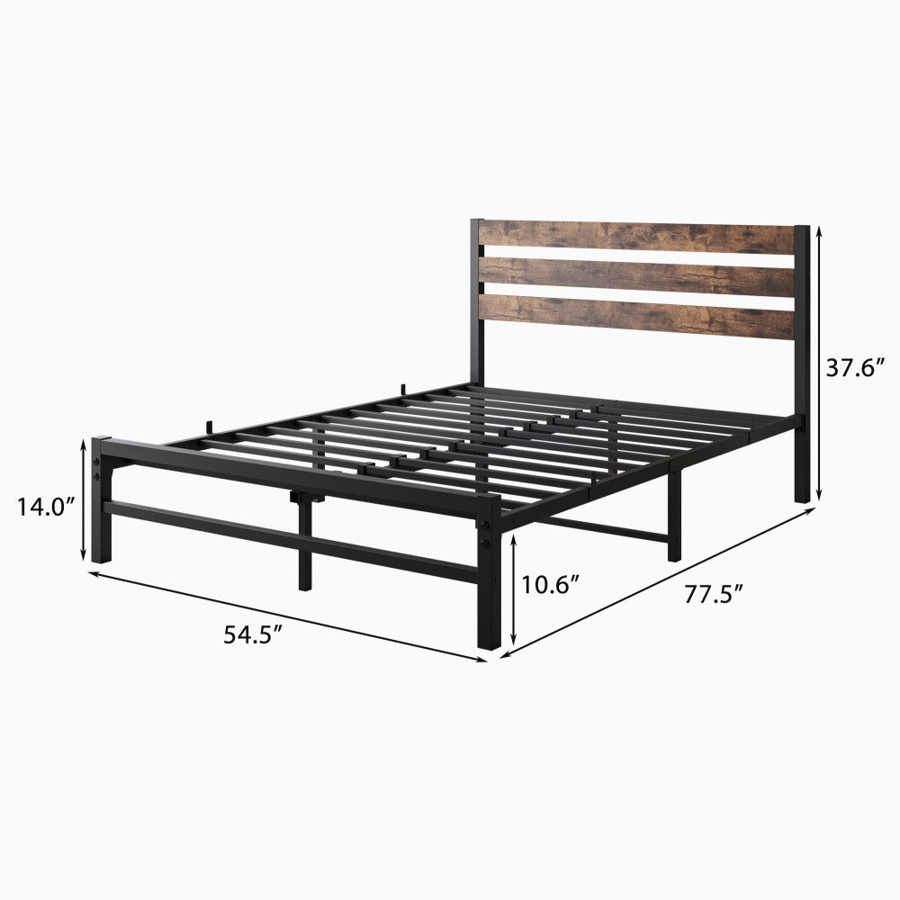 ya 28 Rustic Vintage Full Platform Bed No Box Spring Black Wood Headboard&Metal Slats