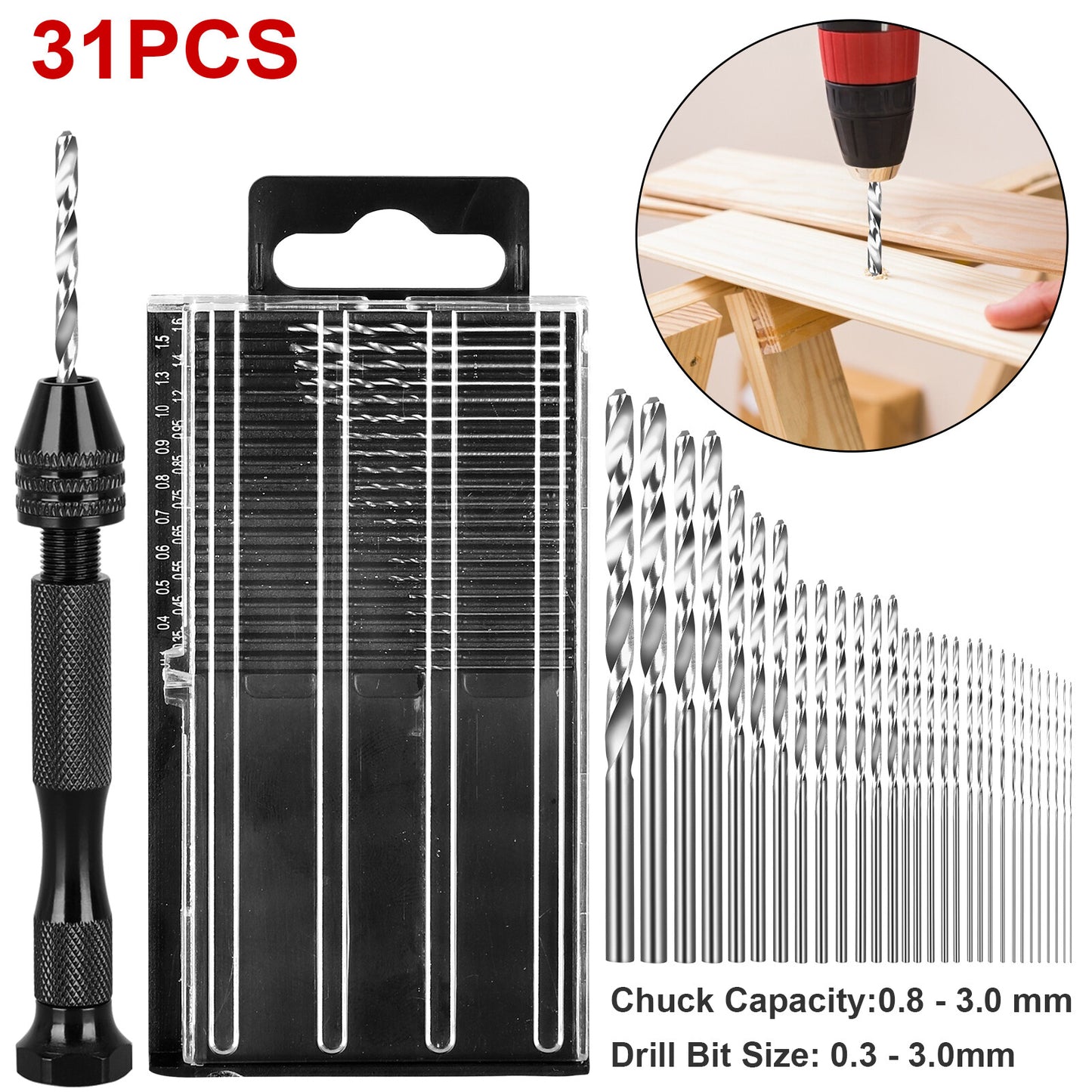 ya 28 31Pcs Mini Micro Hand Drill Bits Set Small Manual Keyless Chuck Pin Vise Rotary