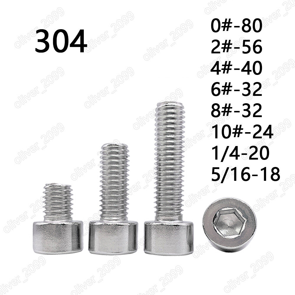 304 Stainless Steel Allen Hex Socket Bolts Cap Head Screw 0# 2# 4# 6# 8# 10# 1/4