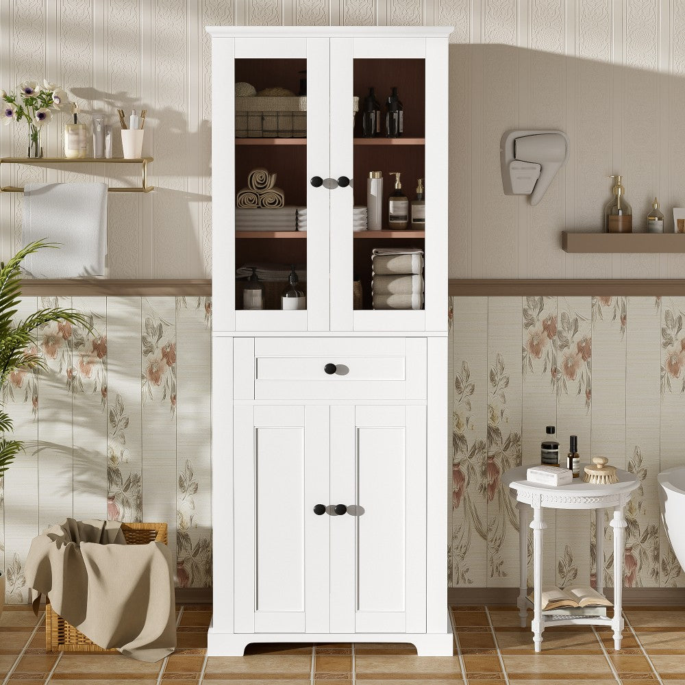 ya 28 67.2 White Tall Bathroom Storage Cabinet - Tempered Glass Doors