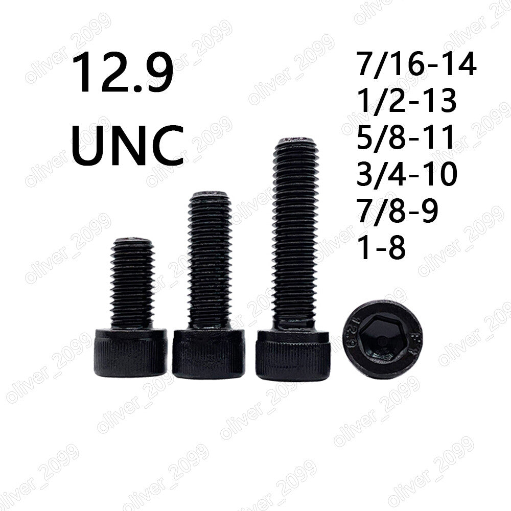 Black 12.9 Steel DIN912 Hex Socket Bolts Cap Head Screws 7/16 1/2 5/8 3/4 7/9 1