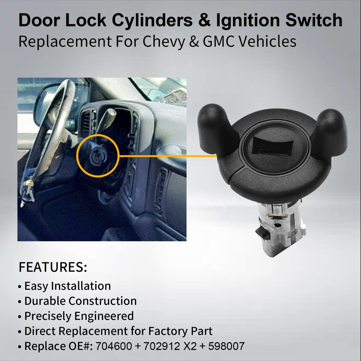 ya 1 8.5.4 Ignition Switch Door Lock Cylinder 2 Keys for Chevy Tahoe Silverado for GMC for Sierra