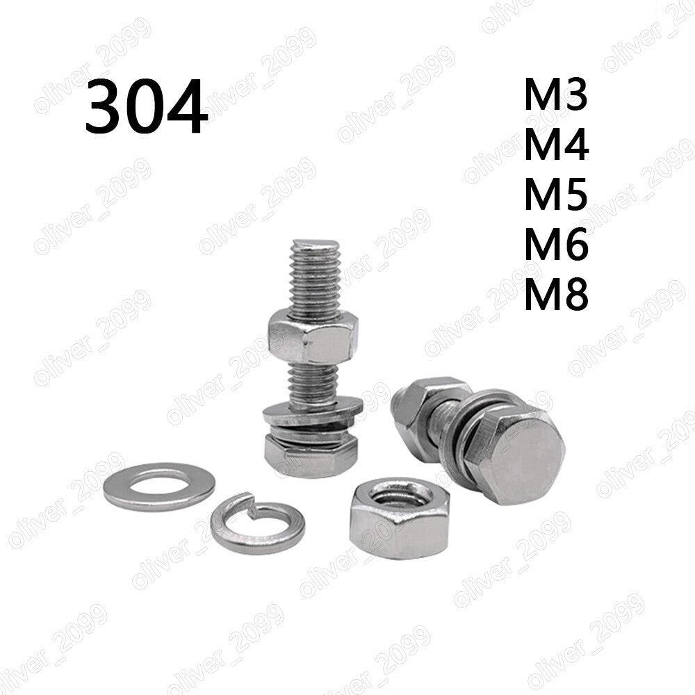 304 Stainless Steel Hex Bolts Cap Head Screws With Hex Nuts Flat Spring Washers