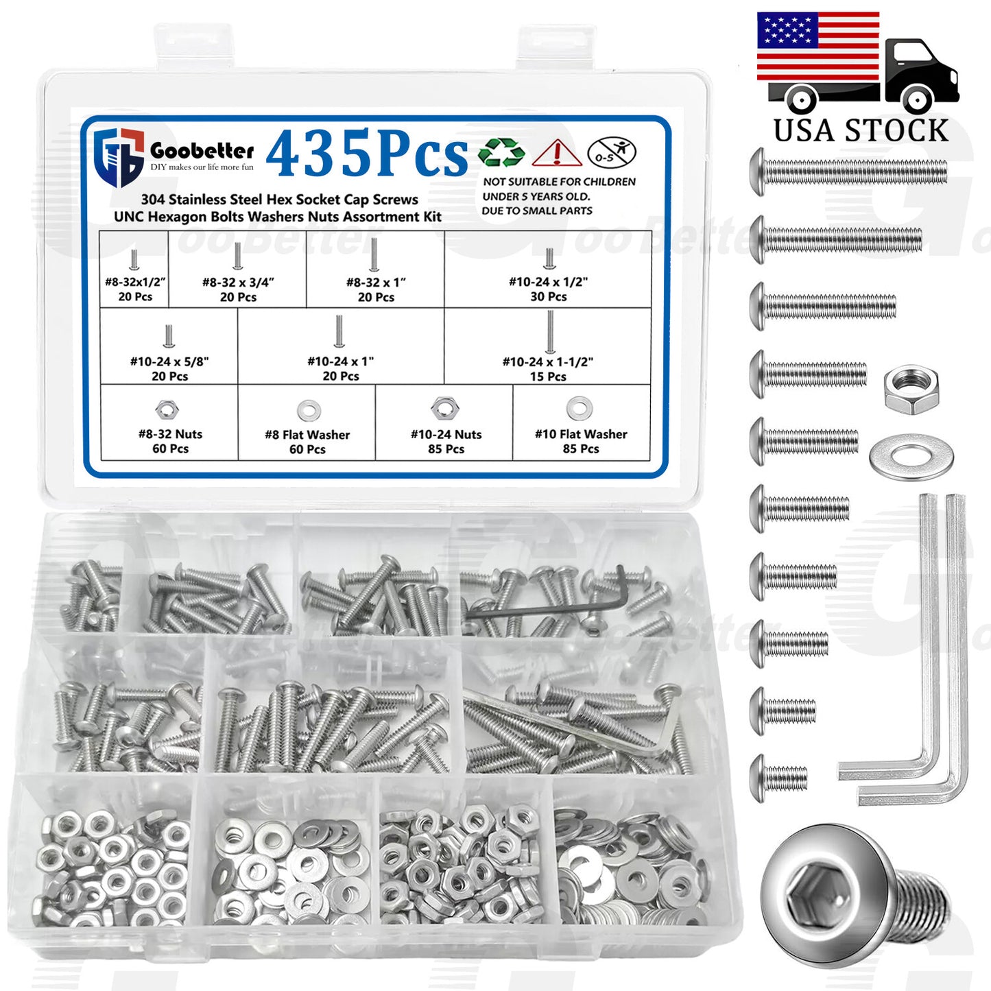 435pcs #8 #10 UNC Hex Socket Cap Screw Bolt Washers Nuts Fastener Assortment Kit