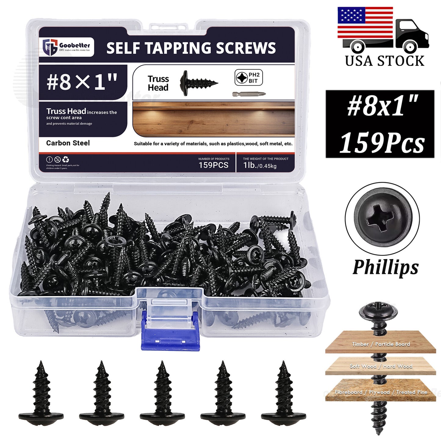 159pcs Black Phosphate ZT Wafer Head Self Tapping Wood Screws Set #8x1 Phillips