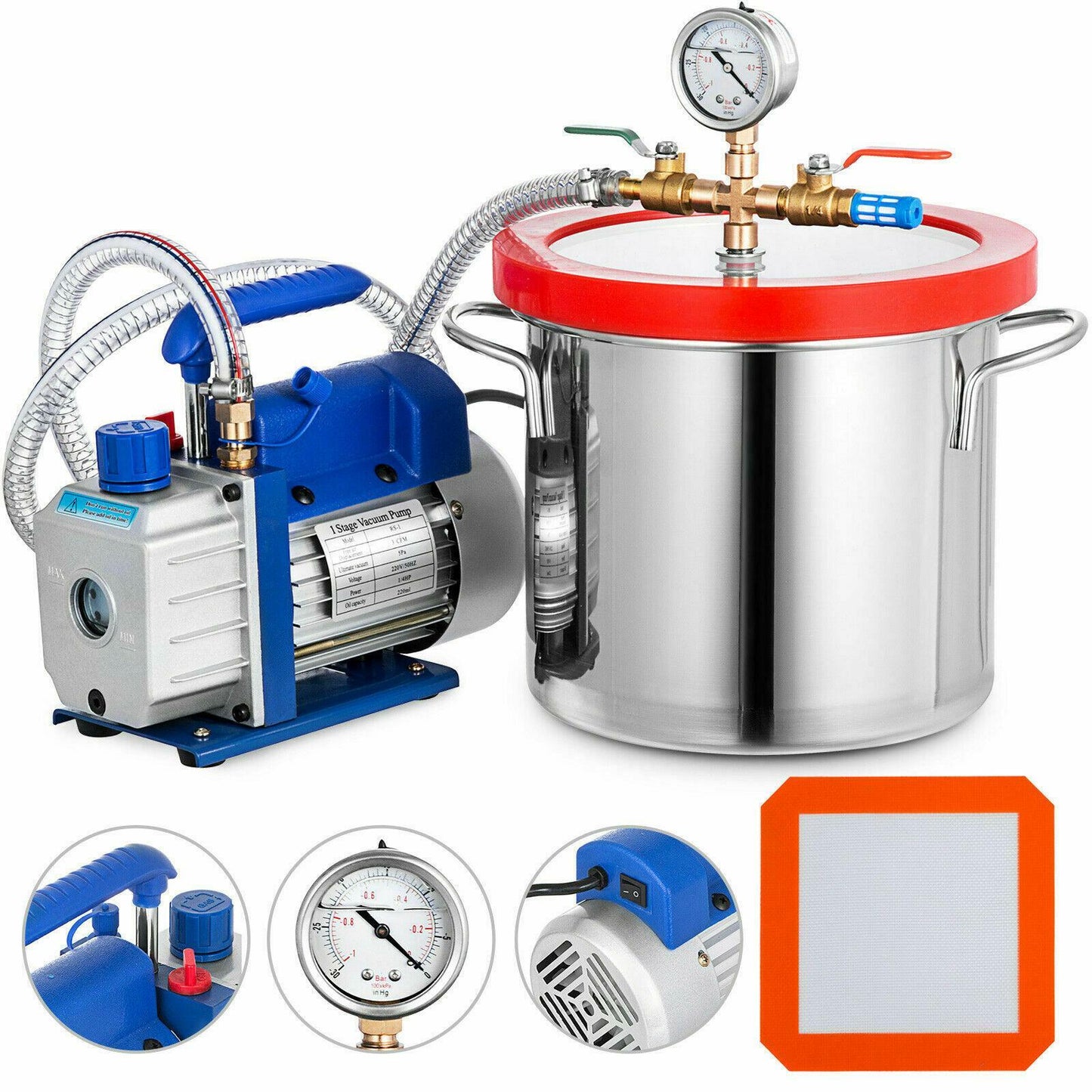 3CFM vacuum pump supporting 2 gallon vacuum stainless steel drum combination