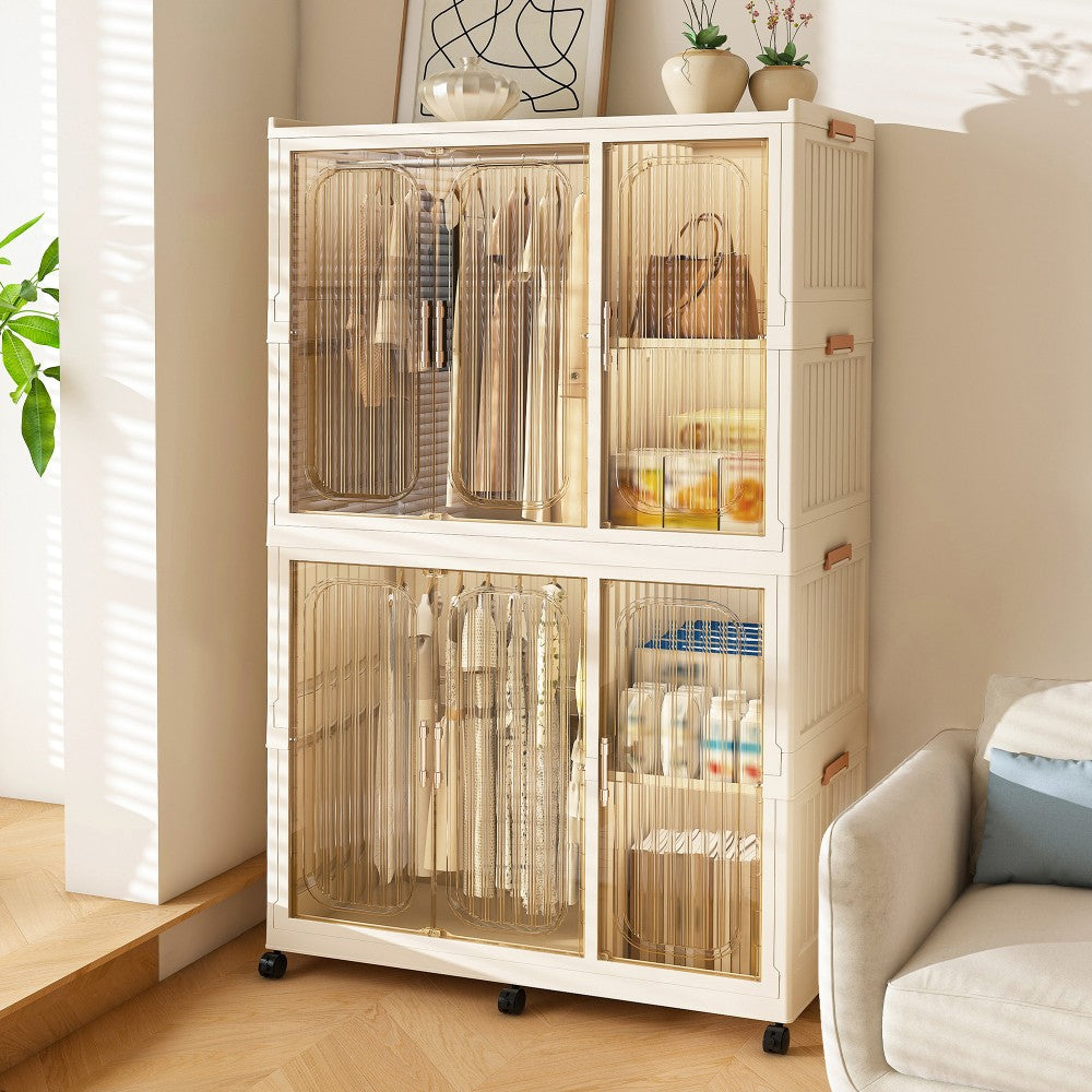 ya 28 Portable Wardrobe Closet ÿ White 6 Magnetic Doors, 2 Hanging Rods, 6 Hangers
