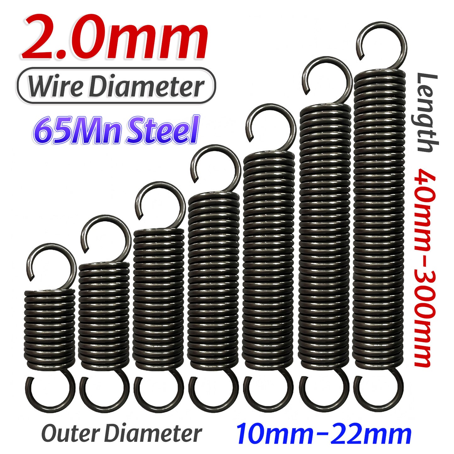 Expansion Spring Wire Dia 2.0mm Extending Springs 65Mn Steel 40mm-300mm Length