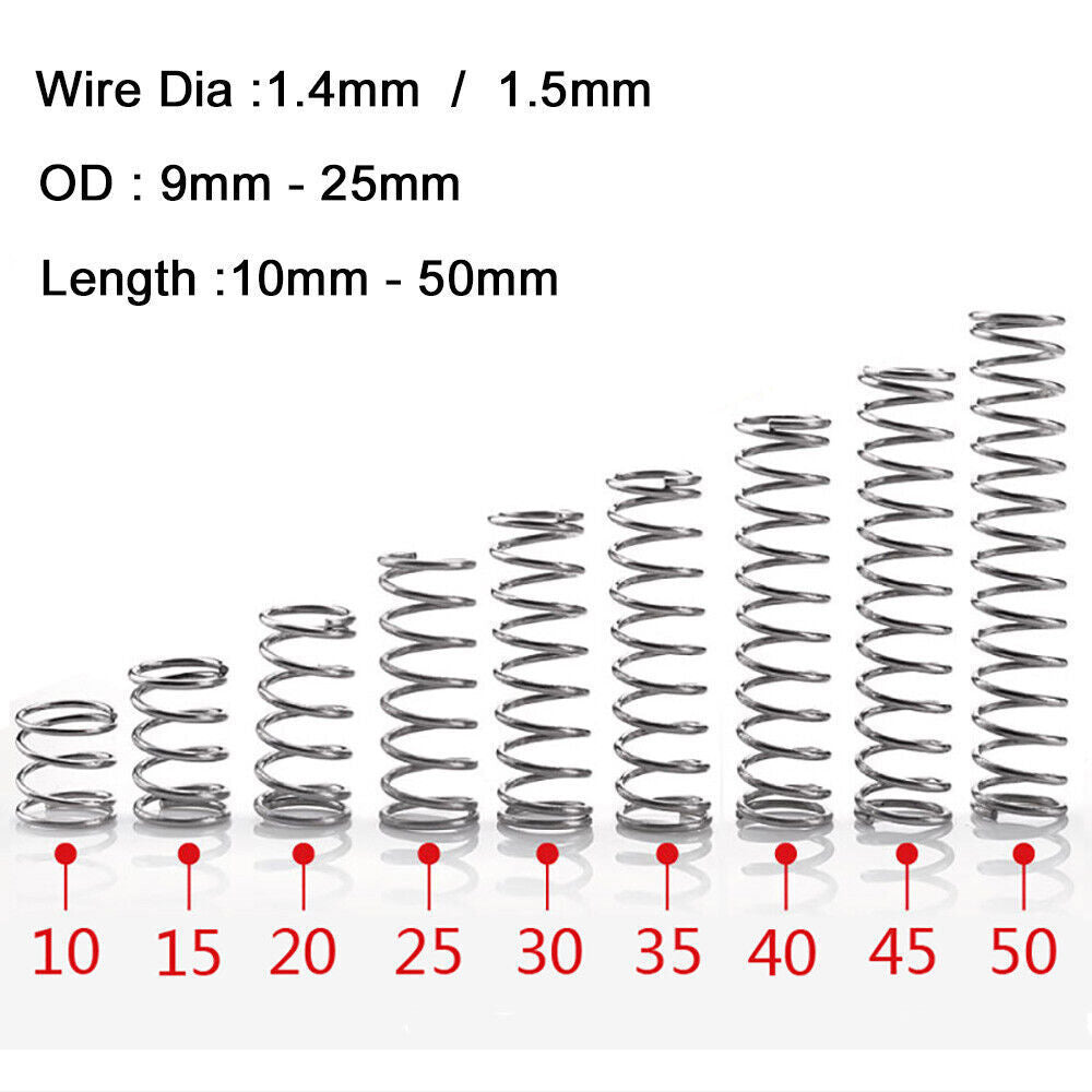 10pcs 304 Stainless Steel Compression Springs - 1.4/1.5mm Wire, OD 9-25mm