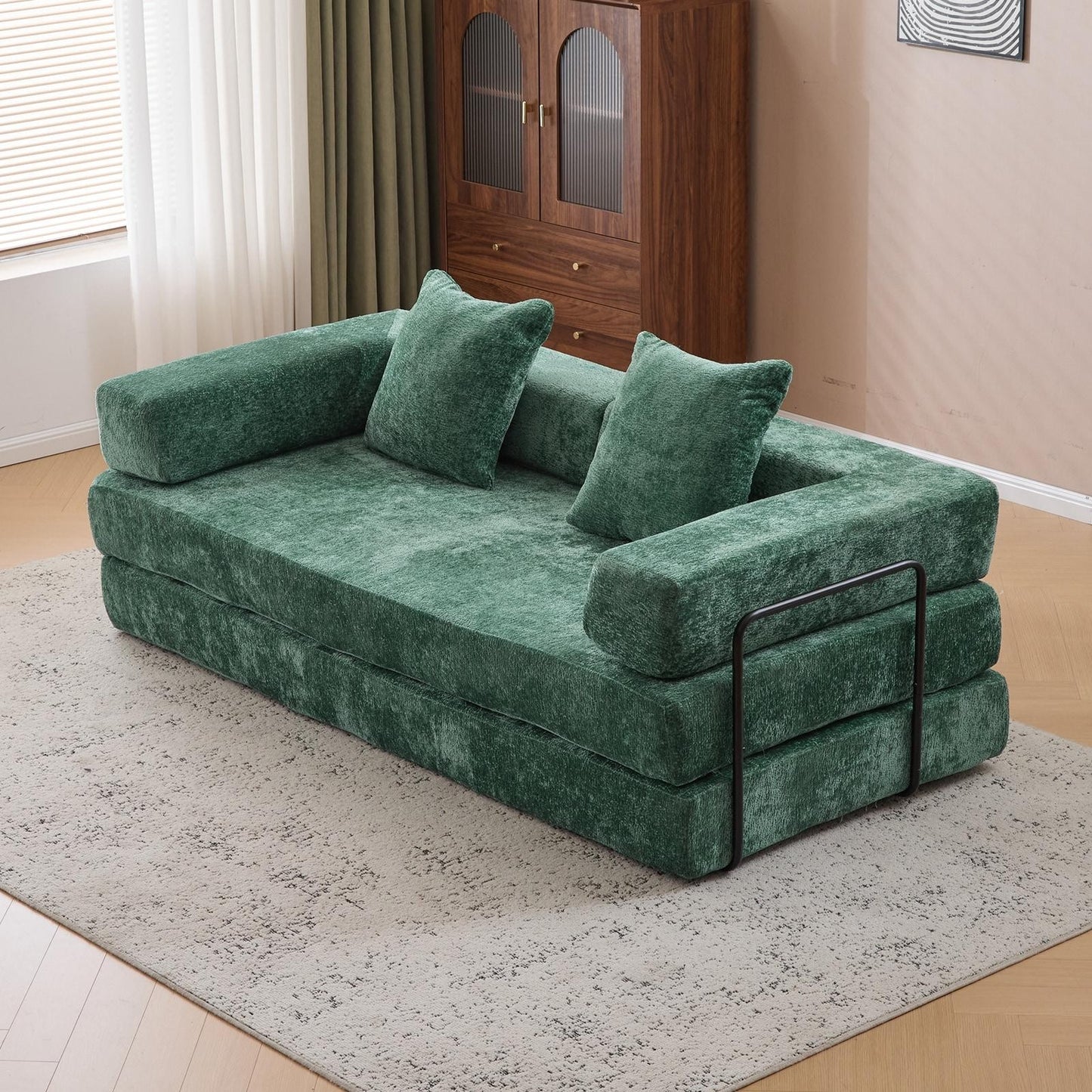 ya 28 Floor Couch Compression Sofa | Convertible Sleeper Bed | Flannel Dark Green