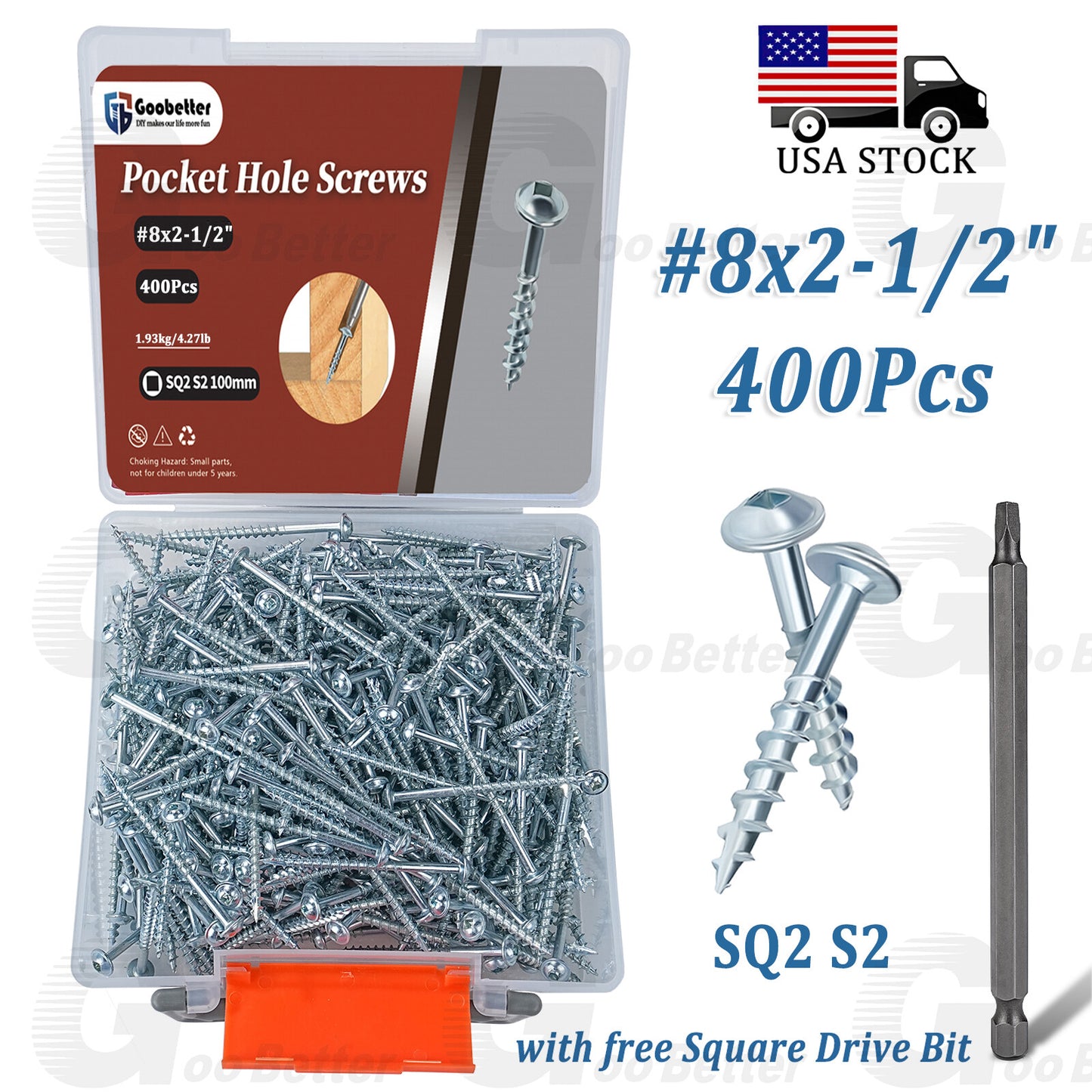 400PCS #8 x 2-1/2 Pocket Hole Screws Wood Screws Square Drive Head Self Tapping