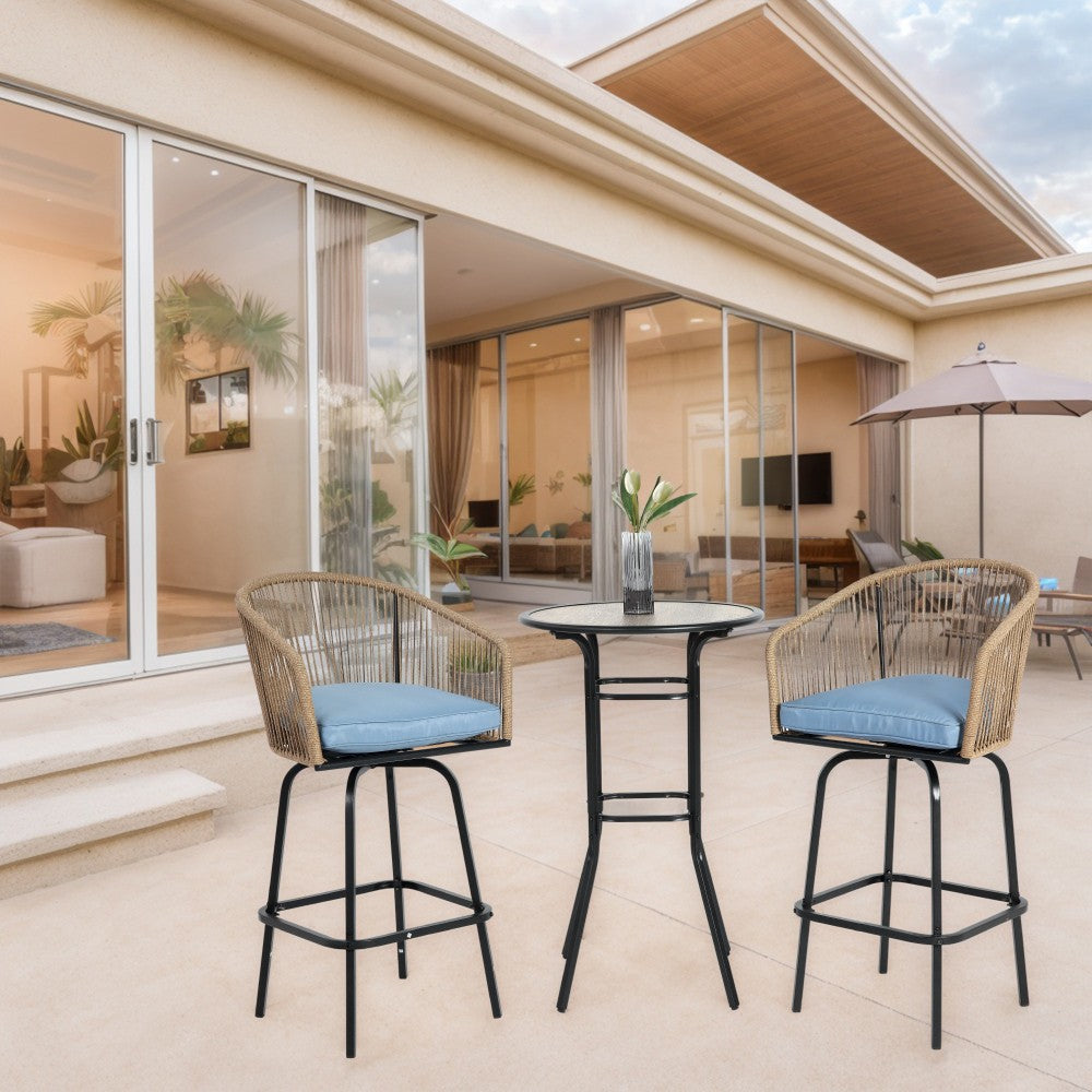 ya 28 3pcs Outdoor Bar Set Blue,2 Swivel Chairs,1 Round DPC Wood-Like Table,Bar Height
