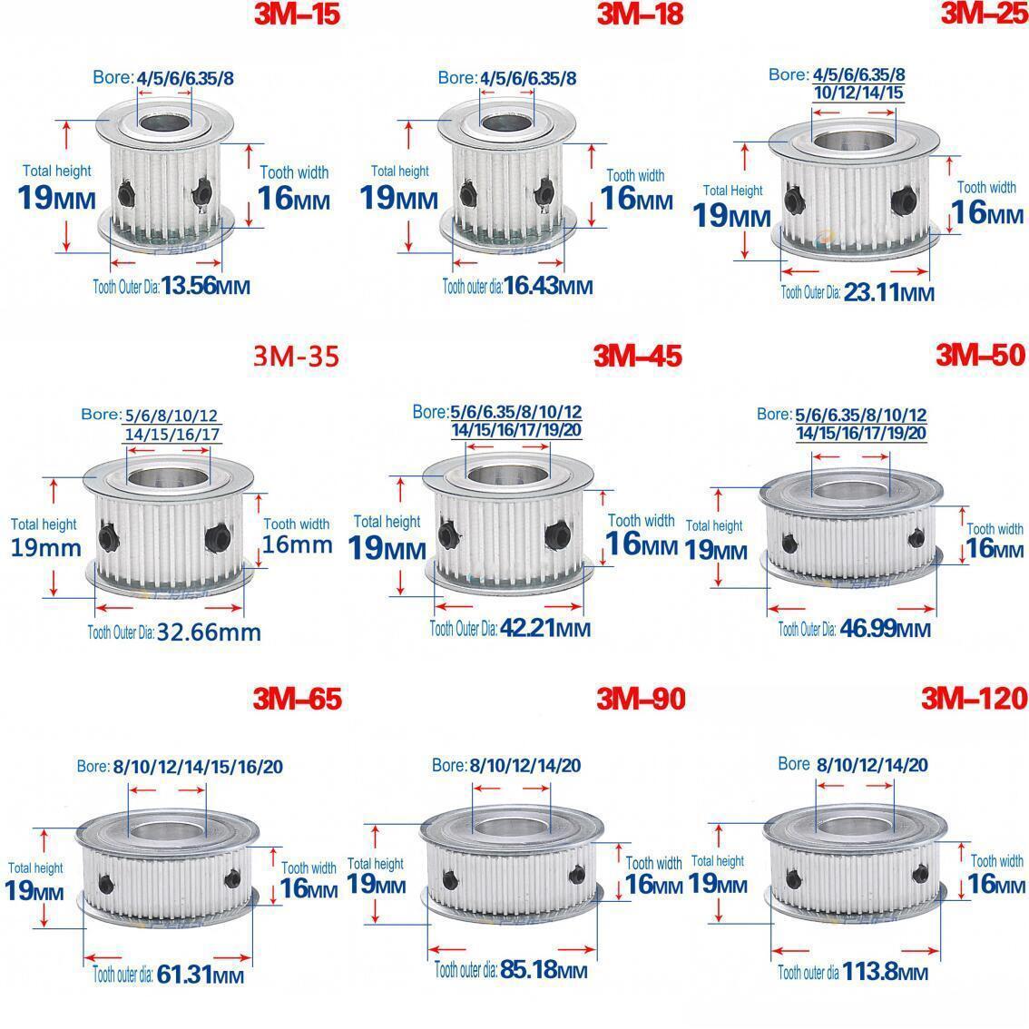 3M 12T-120T Pitch 3mm Tooth Width 16mm Timing Belt Pulley Synchronous Wheel Gear