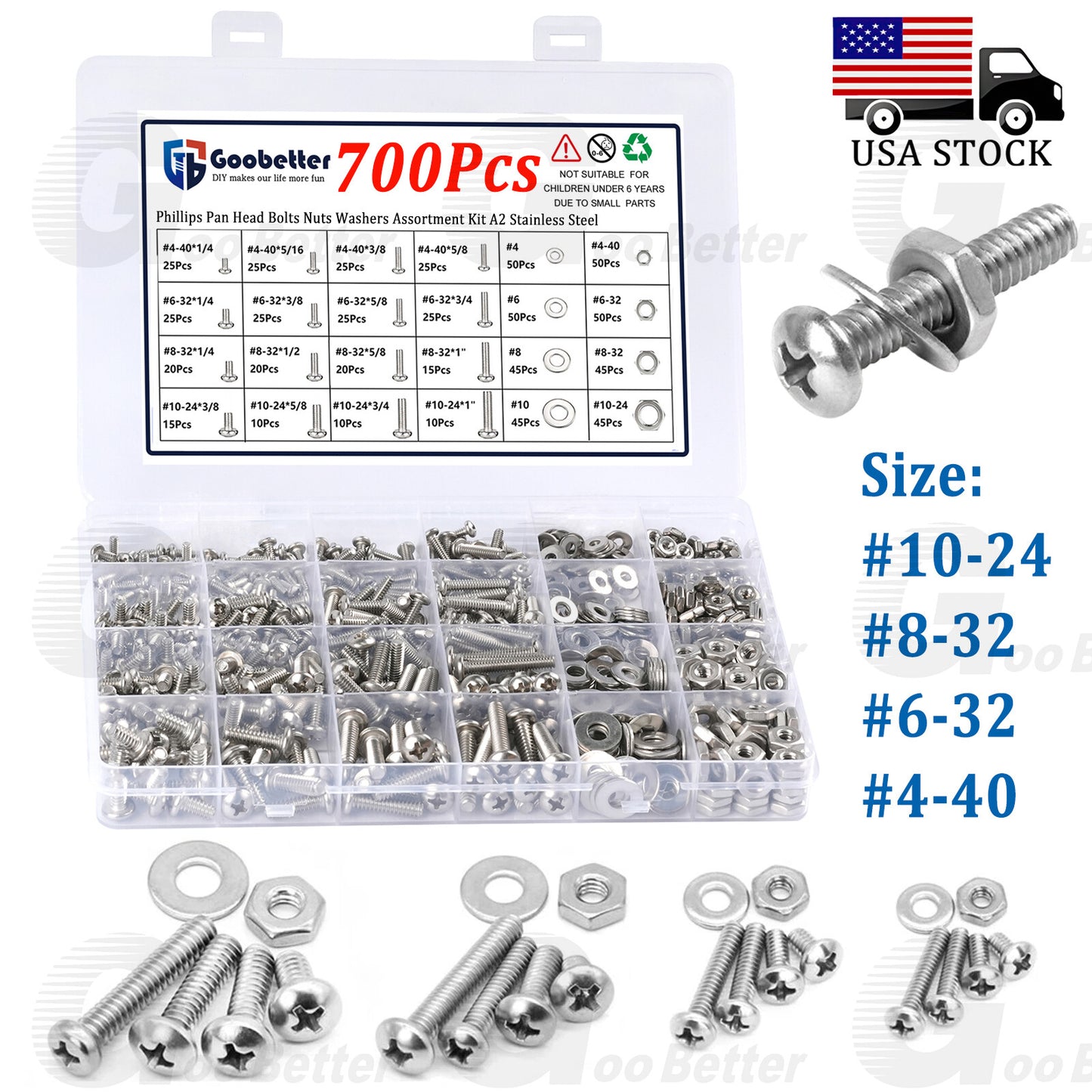 #4 #6 #8 #10 Phillips Pan Head Machine Screws Bolts Nuts Washers Assortment Kit