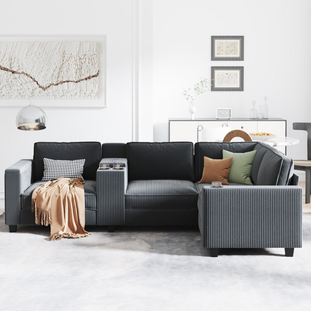 ya 28 Grey L-Shaped 4-Seater Corduroy Sofa ÿ Storage Armrests+Console,Switchable Seats
