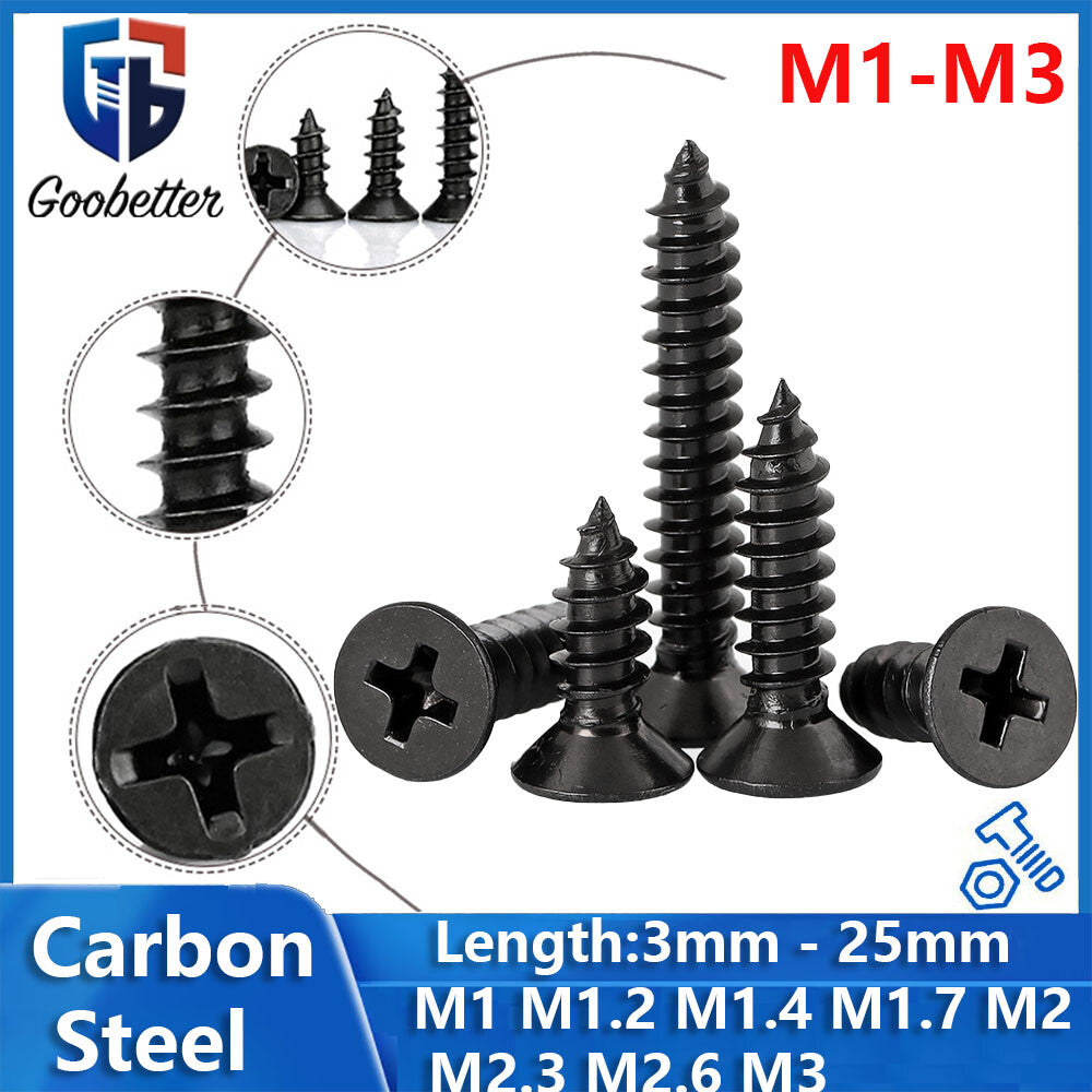 M1-M3 Black Small Phillips Flat Countersunk Head Screw Self Tapping Wood Screws