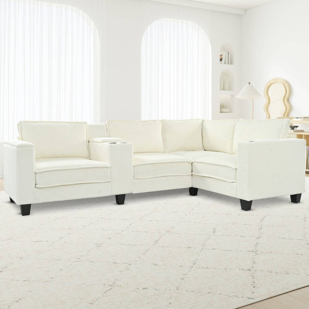 ya 28 L-Shaped Beige 4-Seater Corduroy Sofa,Storage Armrests+Console,Switchable Seats