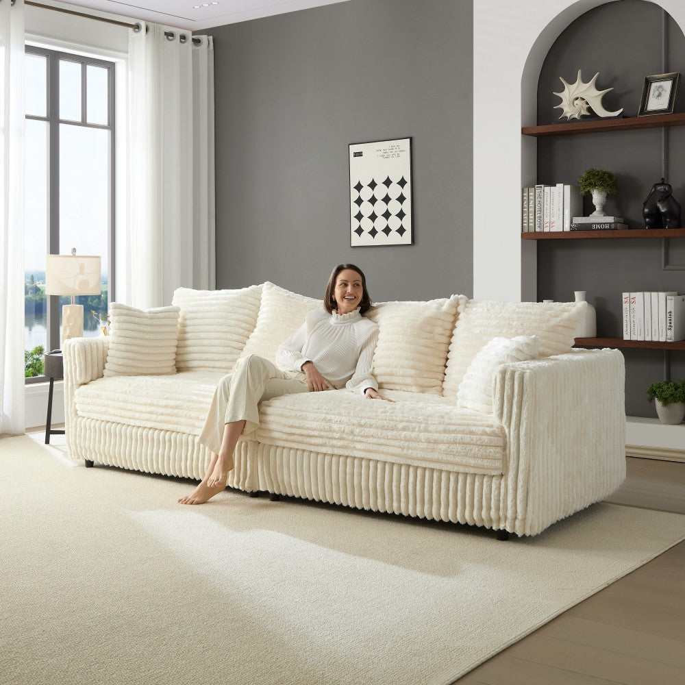 ya 28 For Living Room,Beige 104.3 Plush Corduroy 4-Seat Sofa Convertible,w/Pillows