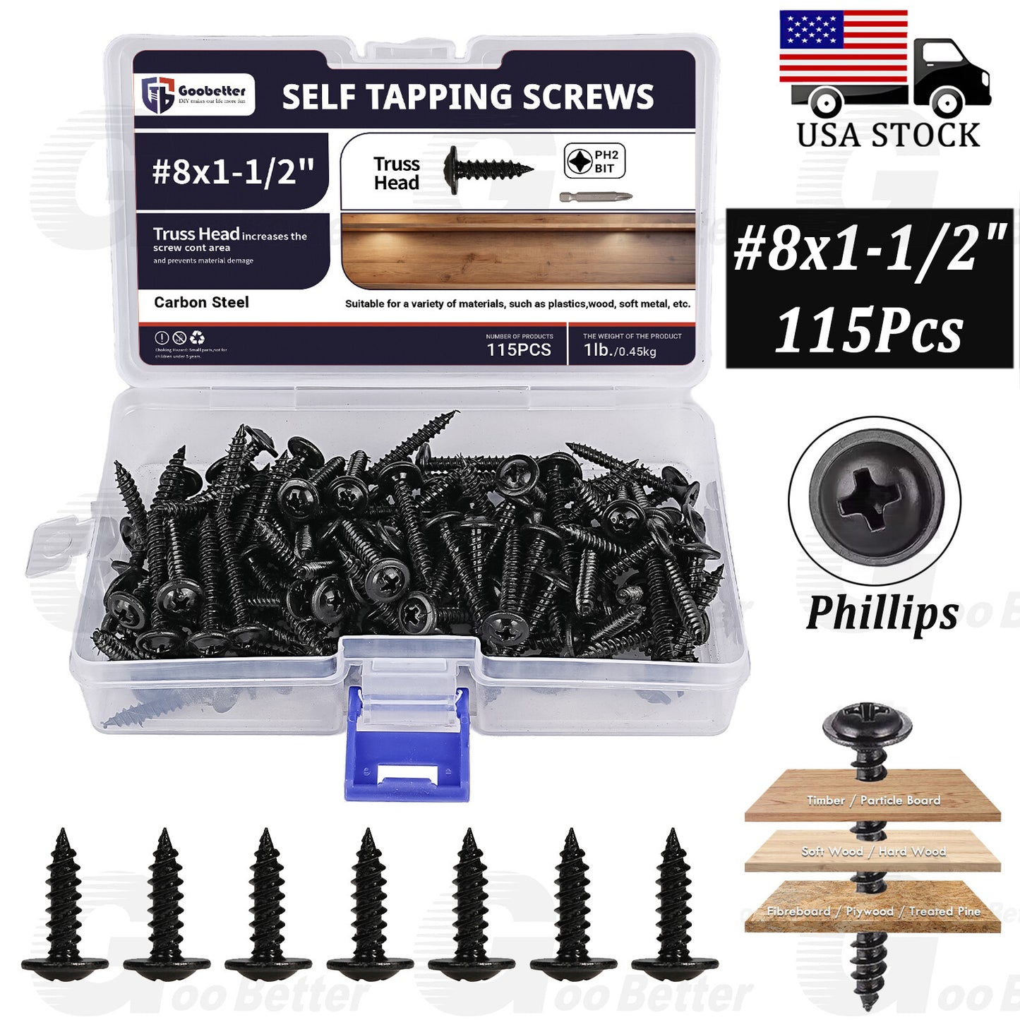 115pcs Black Phosphate ZT Wafer Head Self Tapping Wood Screws #8x1-1/2 Phillips