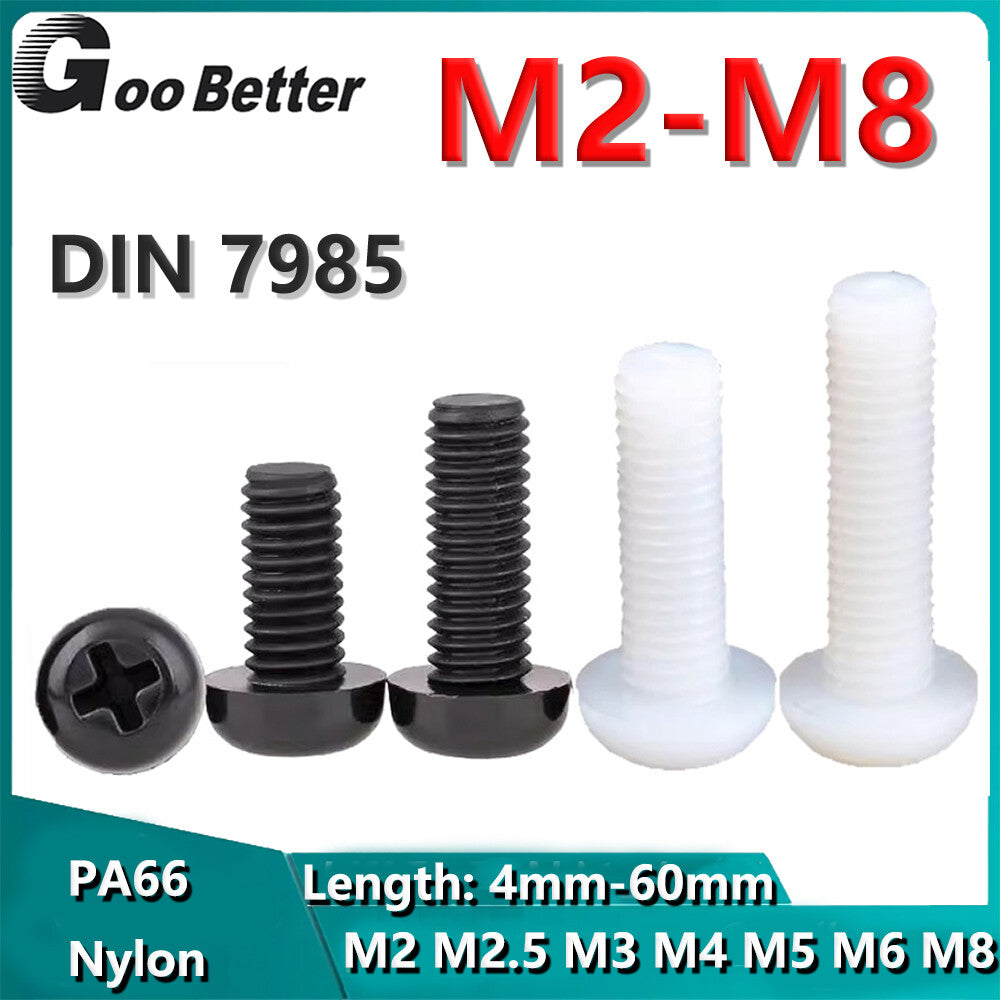 M2 M2.5 M3 M4 M5 M6 M8 Nylon Plastic Phillips Pan Head Screws Bolts Black/White