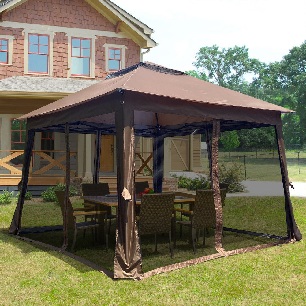 ya 28 Pop Up Gazebo Canopy 11x11ft Brown w/2-Tier Soft Top, Removable Netting
