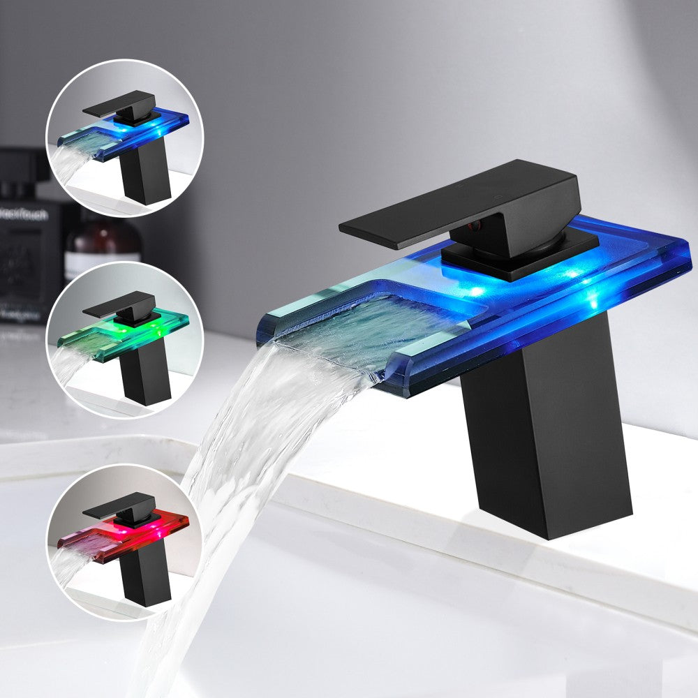ya 28 Bathroom Sink Faucet Black - Single Handle Glass Spout, Hot Cold Water Mixing