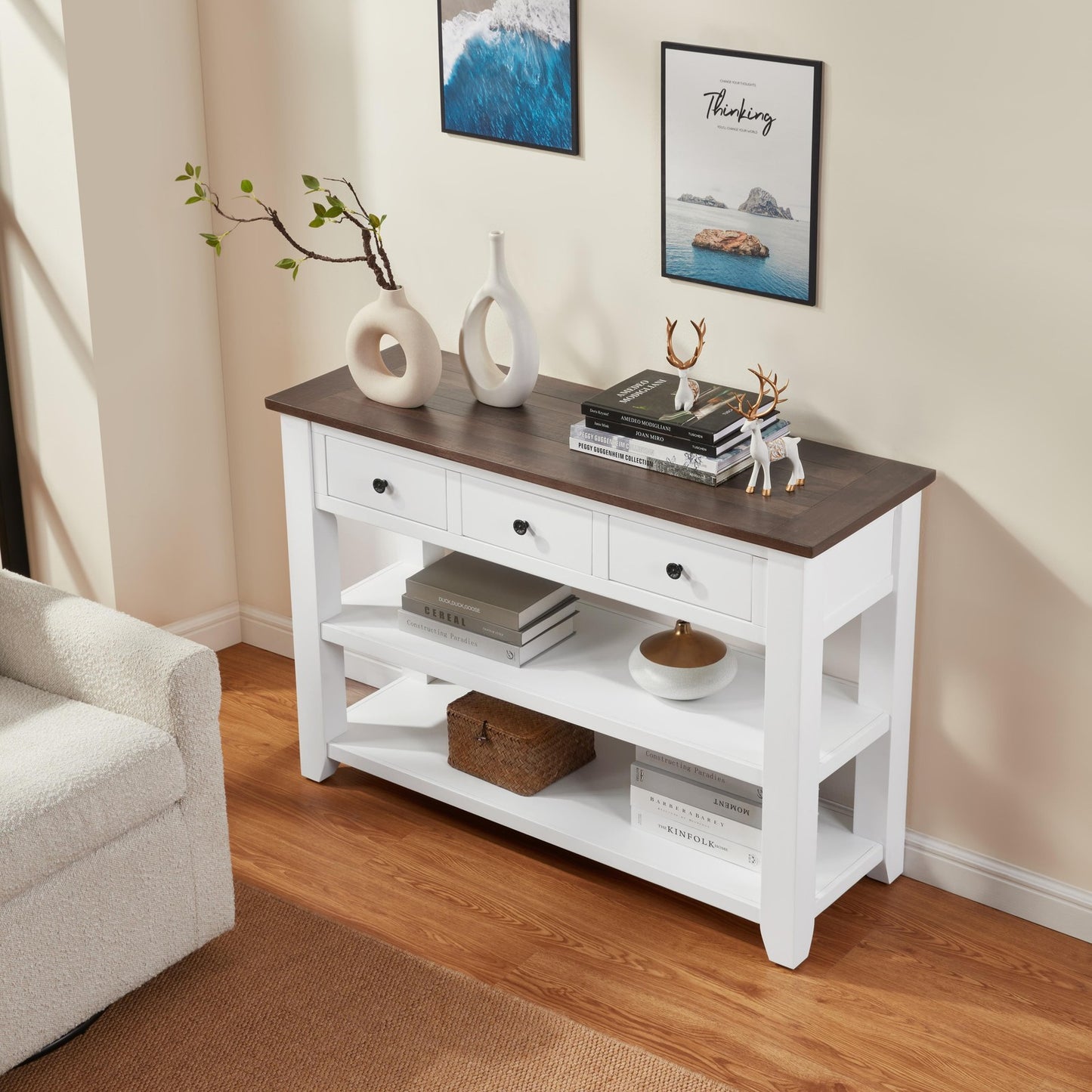 ya 16 Vintage Style Console Table 2 Open Shelves | Solid Pine Wood Entryway Hall Table