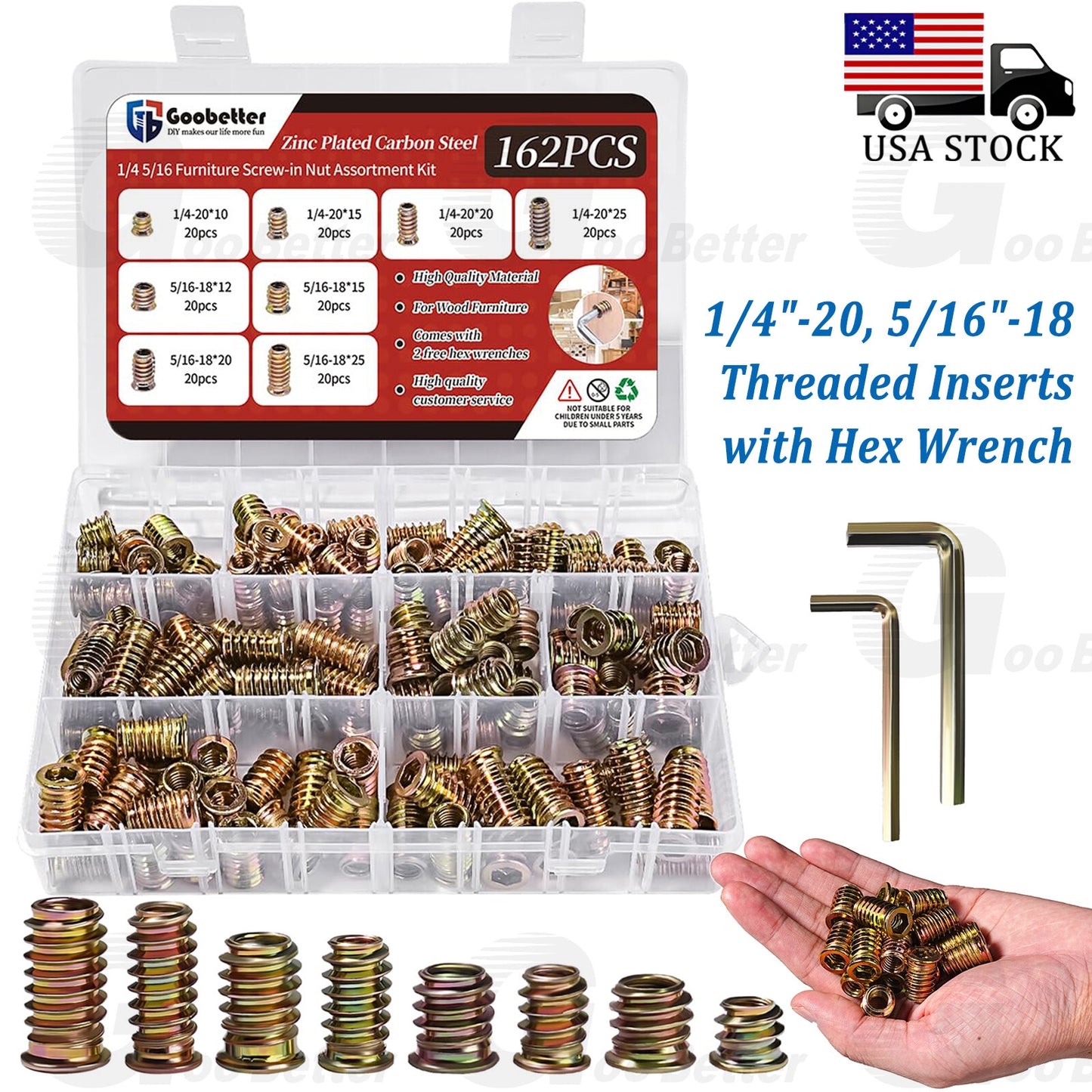 165pcs Threaded Hex Drive Insert Fixing Wood Screw Inserts Nuts 1/4 -20 5/16 -18