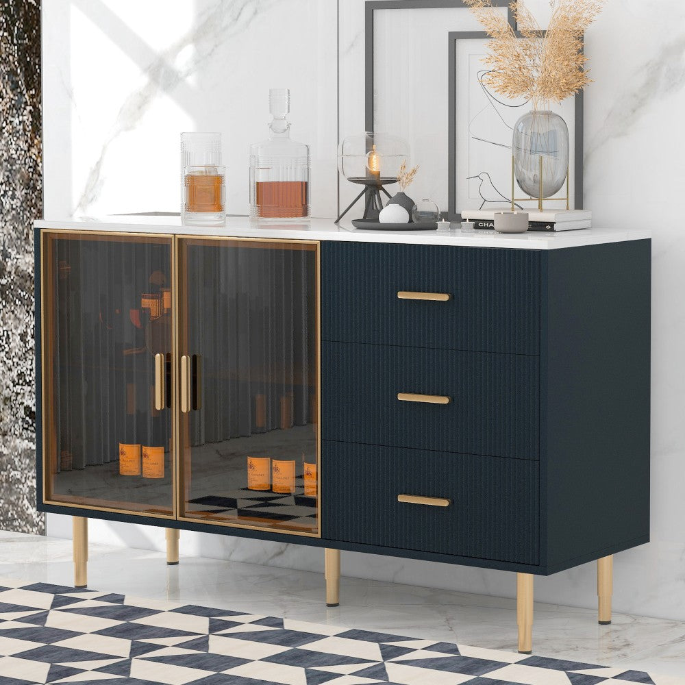 ya 28 Modern Navy Blue Sideboard MDF Buffet - Amber-Yellow Tempered Glass Doors