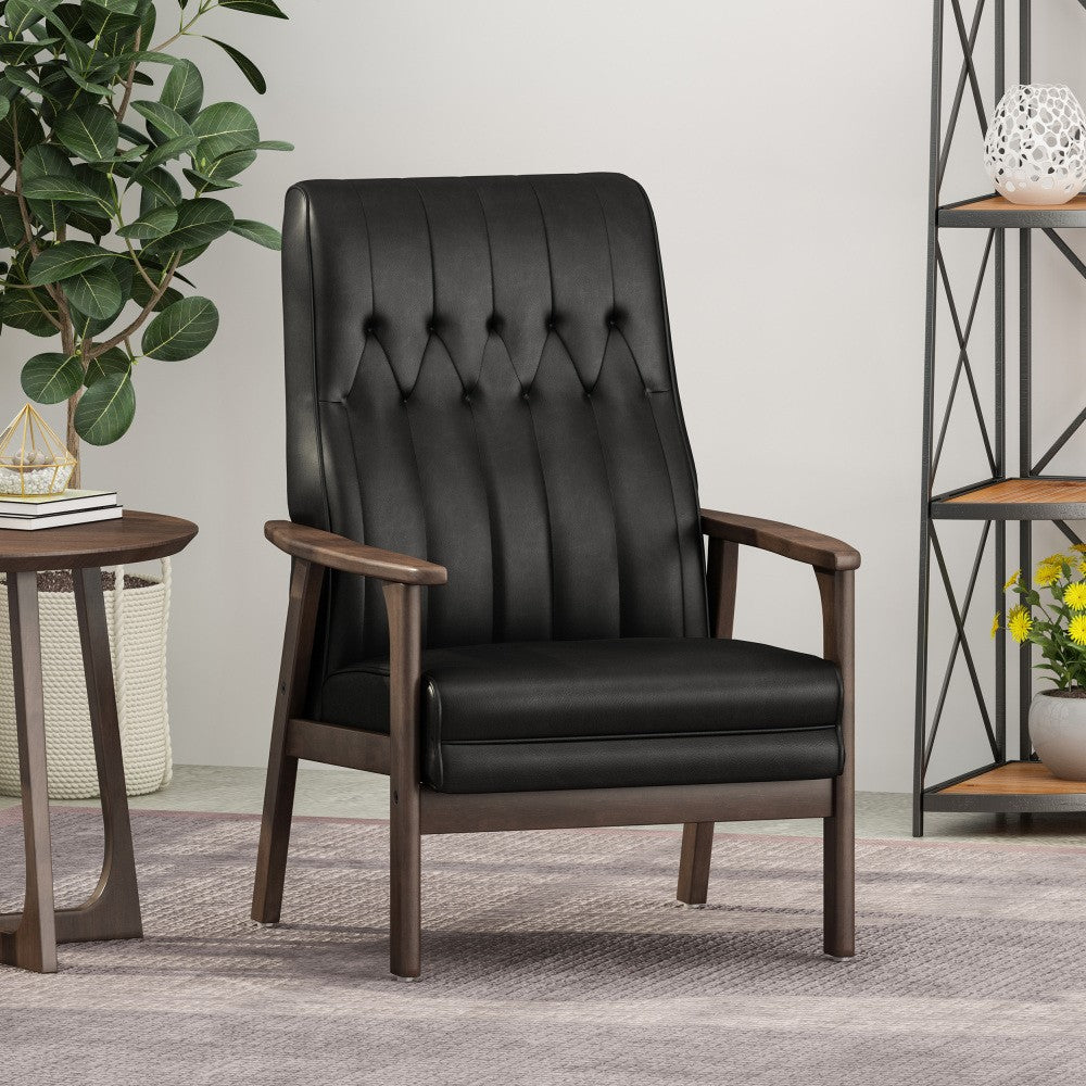 ya 28 Mid Century Modern Upholstered Accent Chair, Matte Black Faux Leather