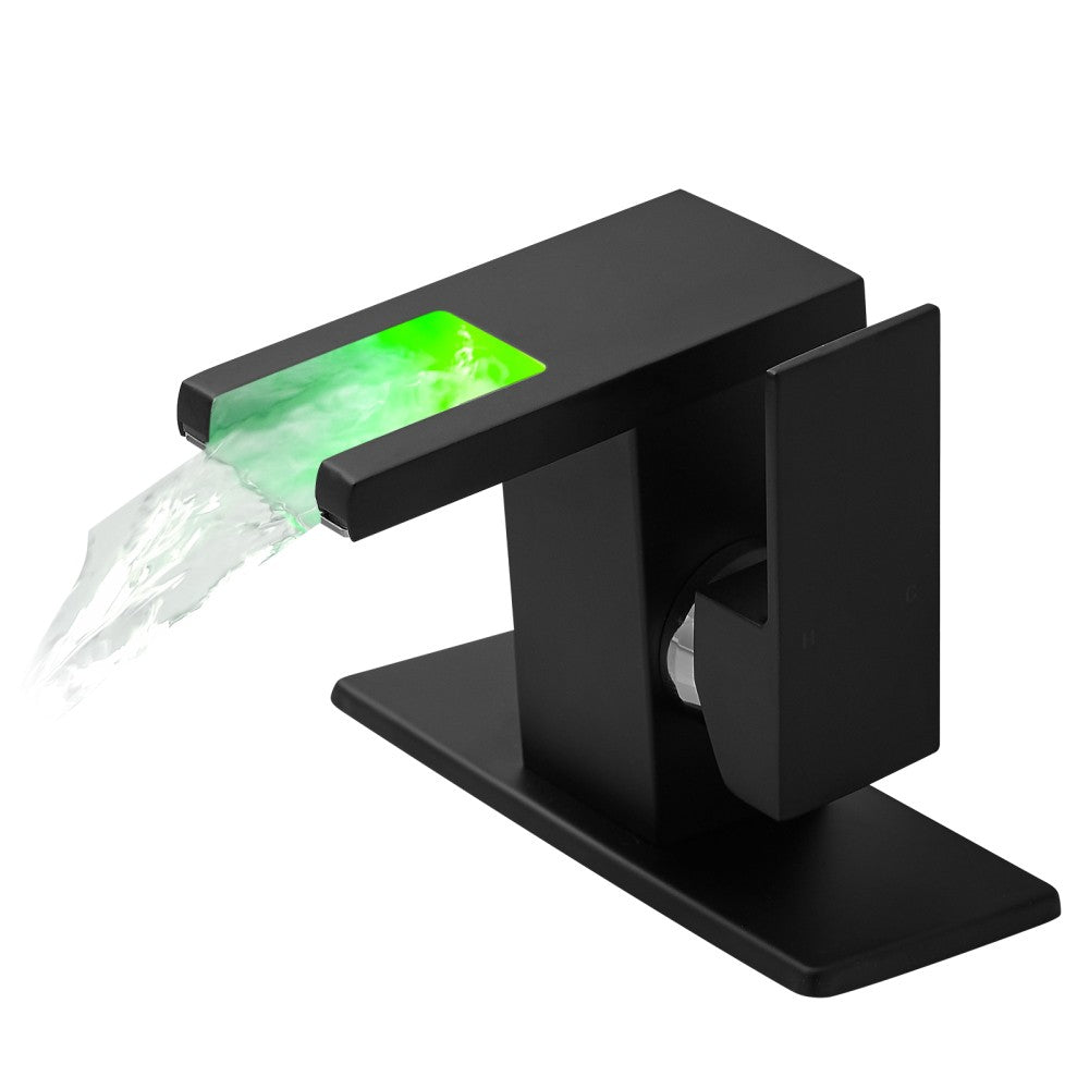 ya 28 Black Bathroom Sink Faucet LED 3-Color - Single Handle, Waterfall Glass Spout